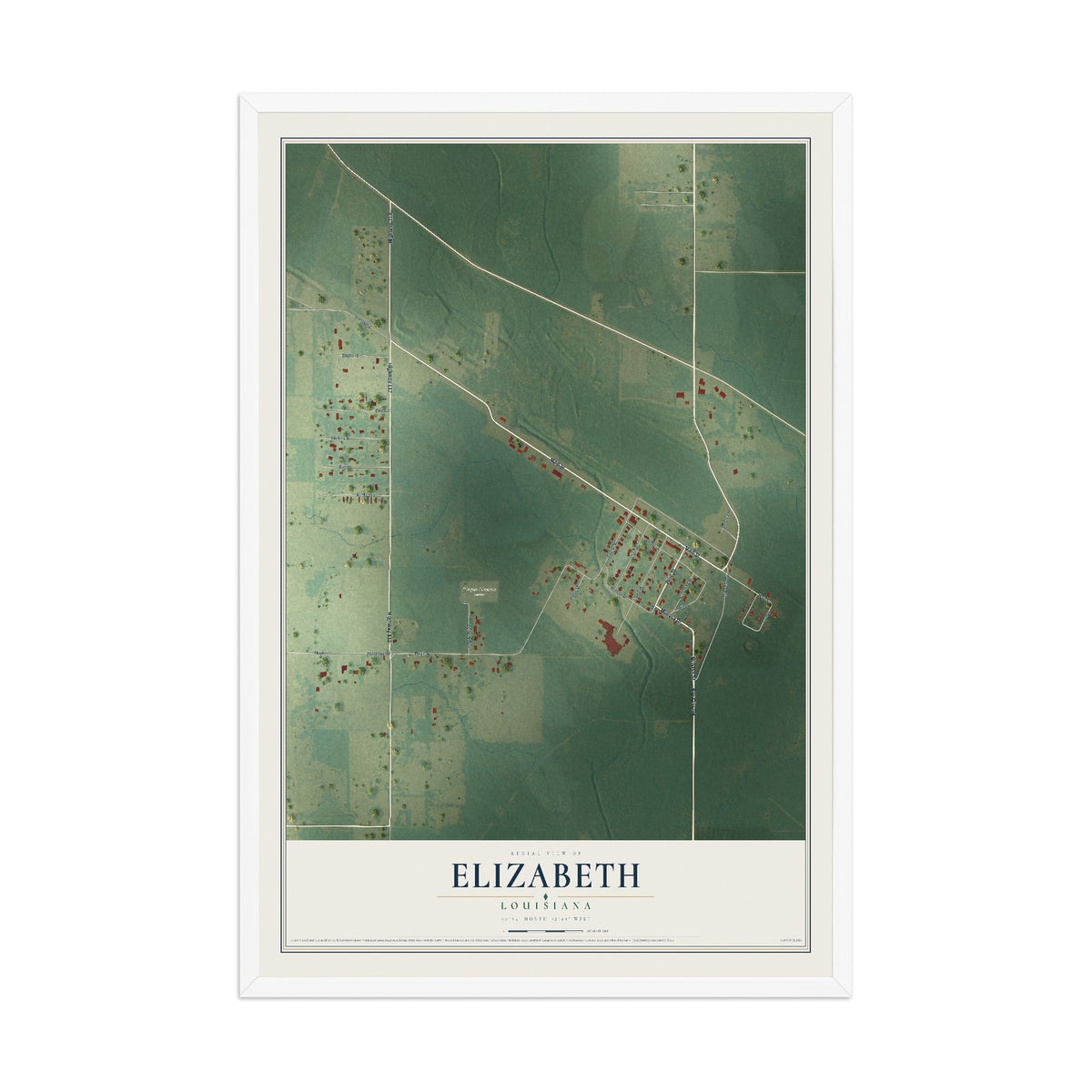 Map of Elizabeth, Louisiana, 12 x 18 inch print in a white wood frame