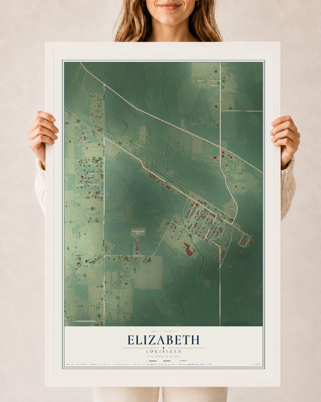 Map of Elizabeth, Louisiana, 24 x 36 inch print in a white wood frame