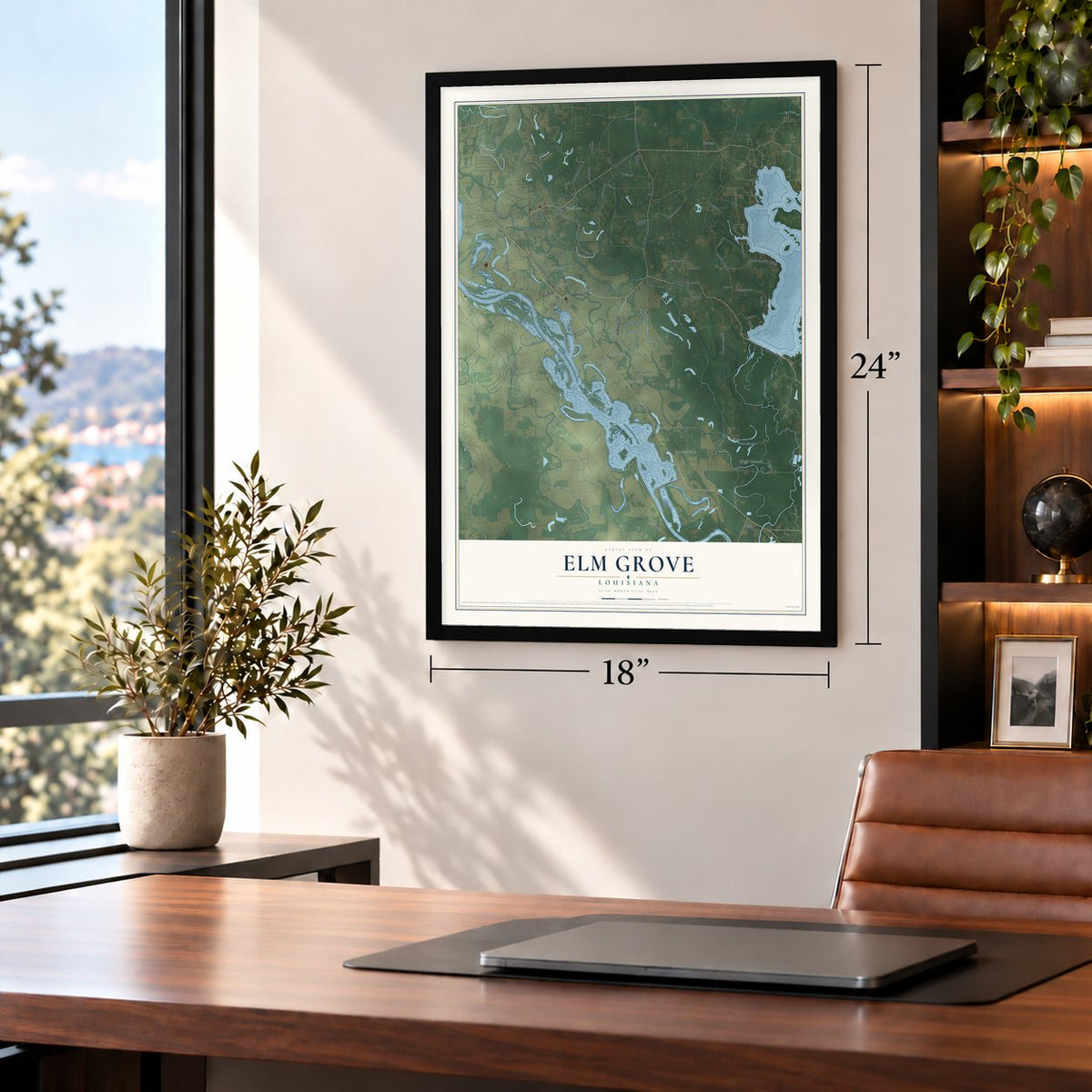 Elm Grove, Louisiana map, 18 x 24 inch print in a black frame in a home office