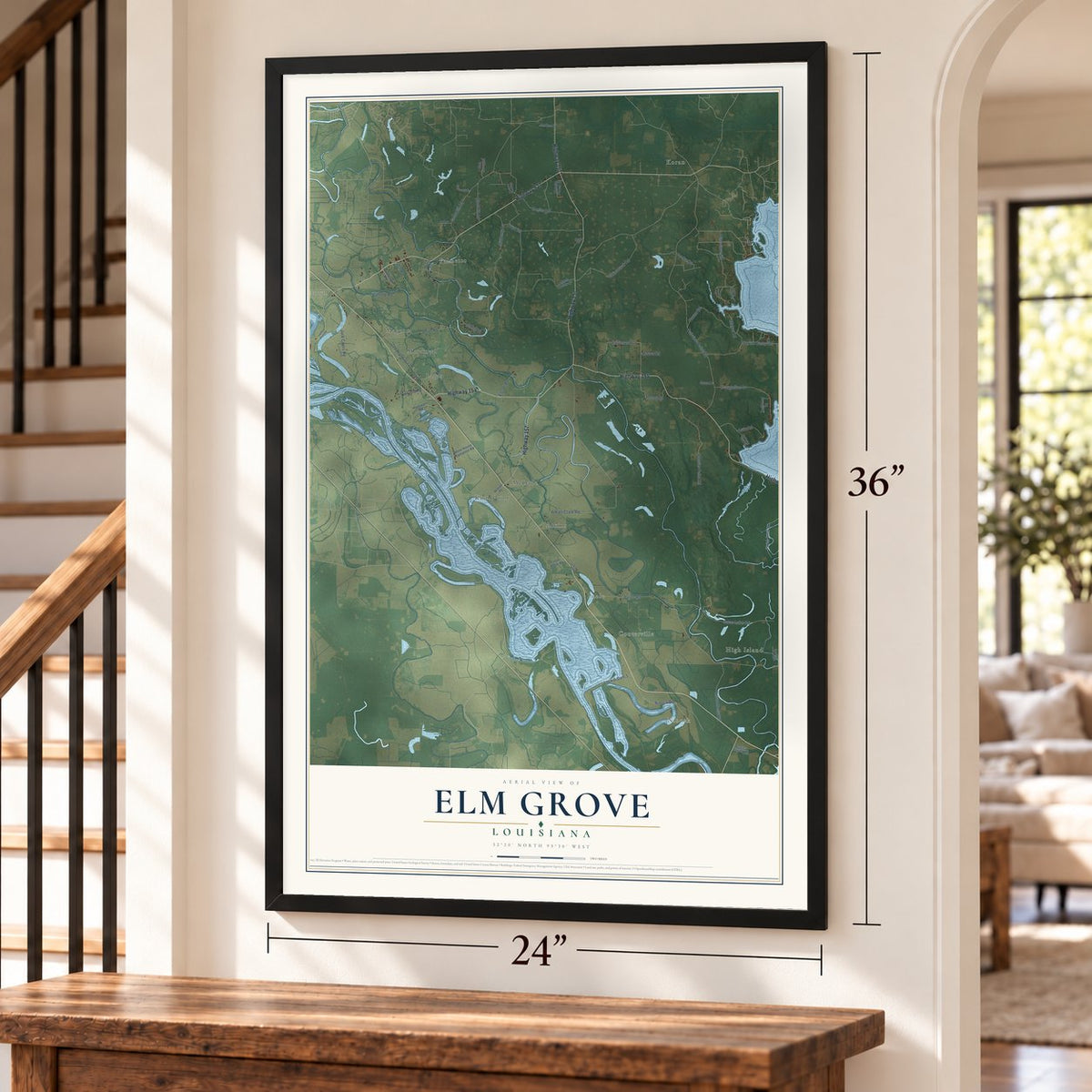 Elm Grove, Louisiana map, 24 x 36 inch print in a black frame by a staircase