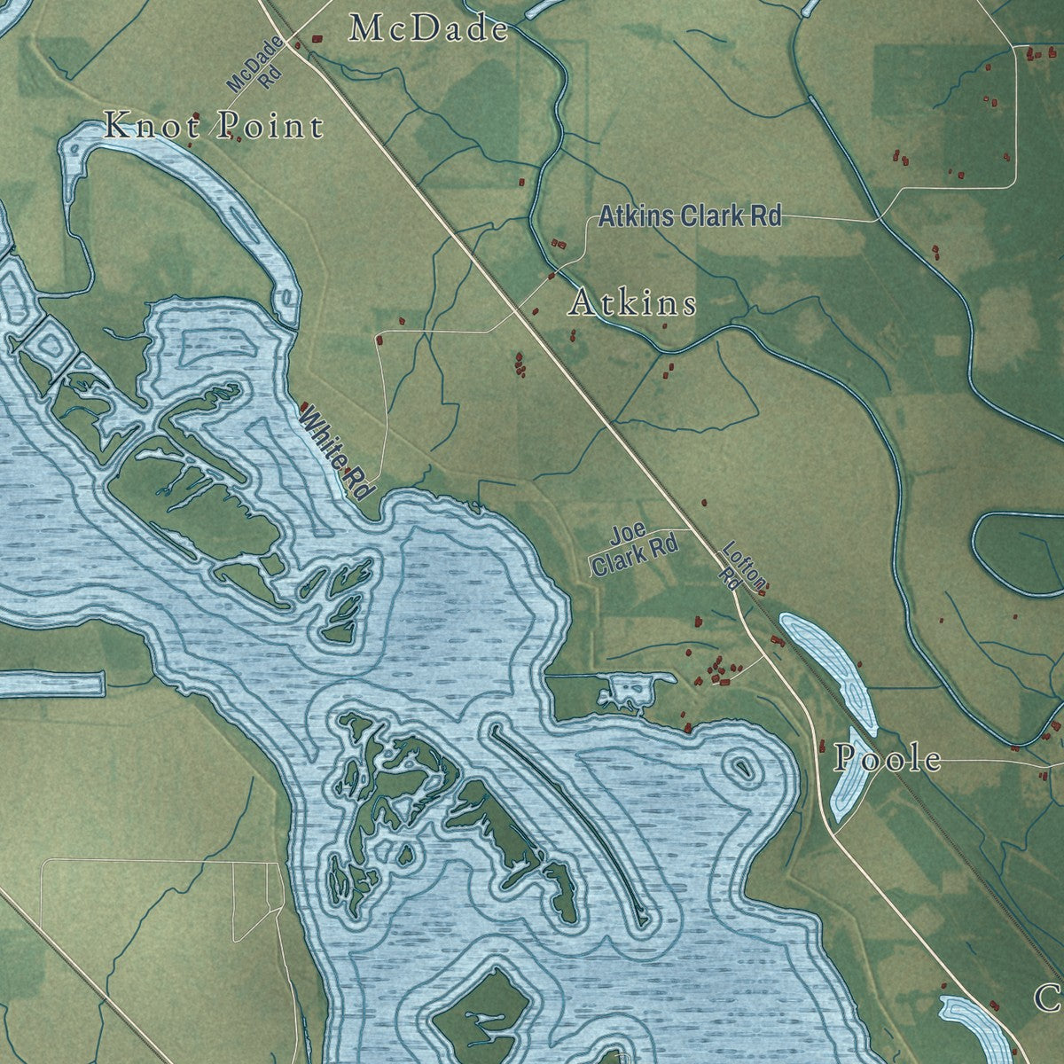 Close-up of the map of Elm Grove, Louisiana print showing street and building detail