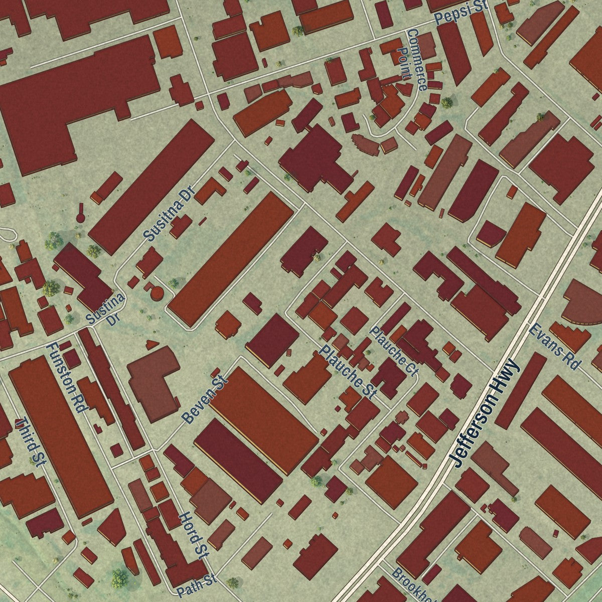 Close-up of the map of Elmwood, Louisiana print showing street and building detail