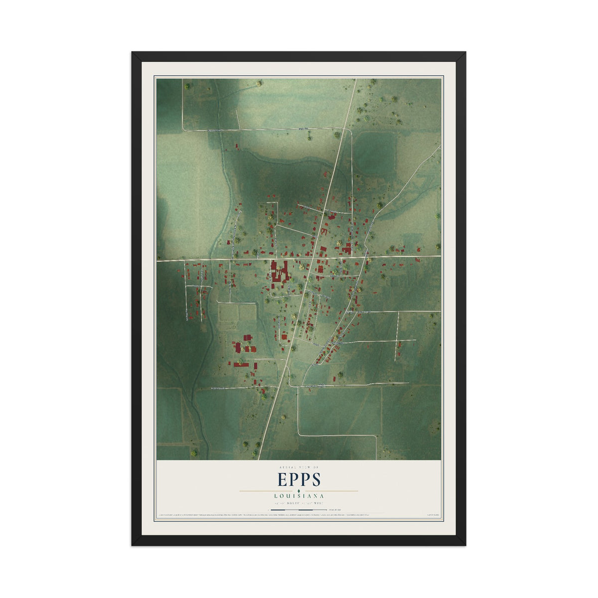 Map of Epps, Louisiana, 12 x 18 inch print in a black wood frame