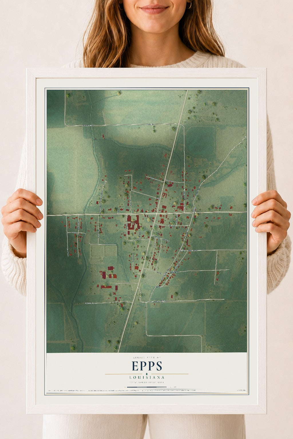Map of Epps, Louisiana, 18 x 24 inch print in a white wood frame