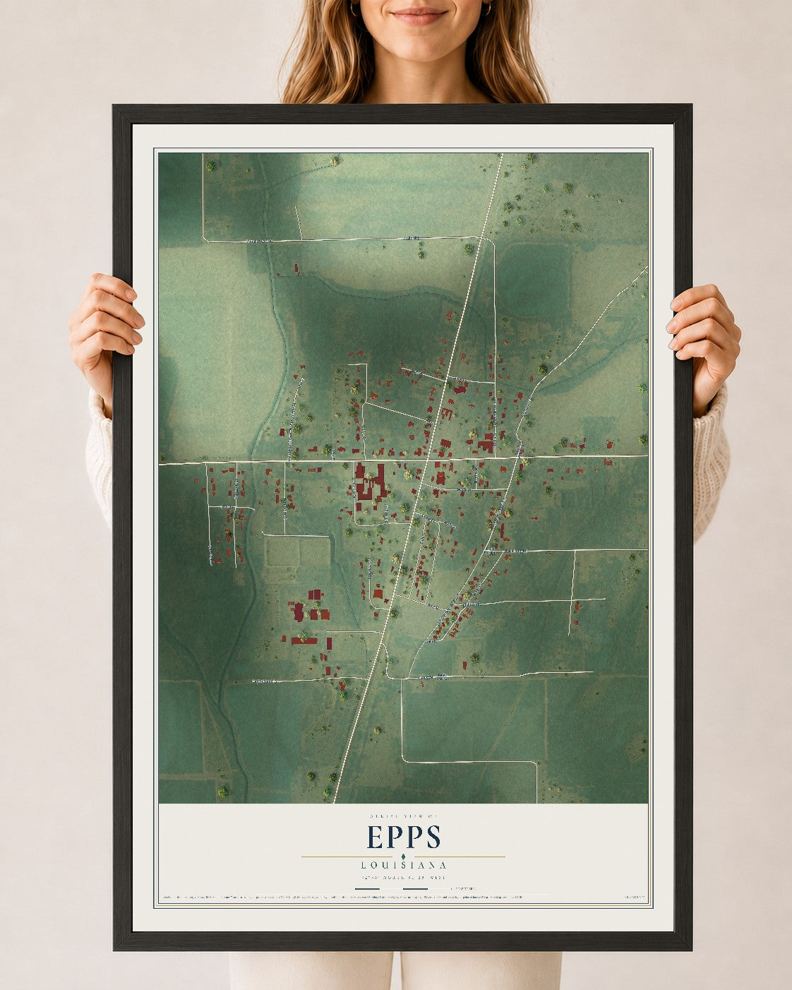 Map of Epps, Louisiana, 24 x 36 inch print in a black wood frame