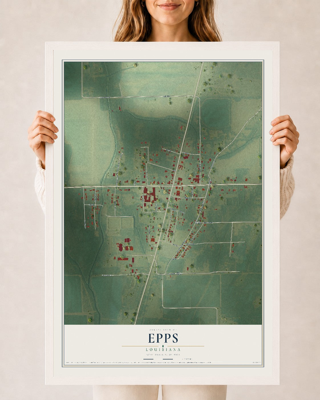 Map of Epps, Louisiana, 24 x 36 inch print in a white wood frame