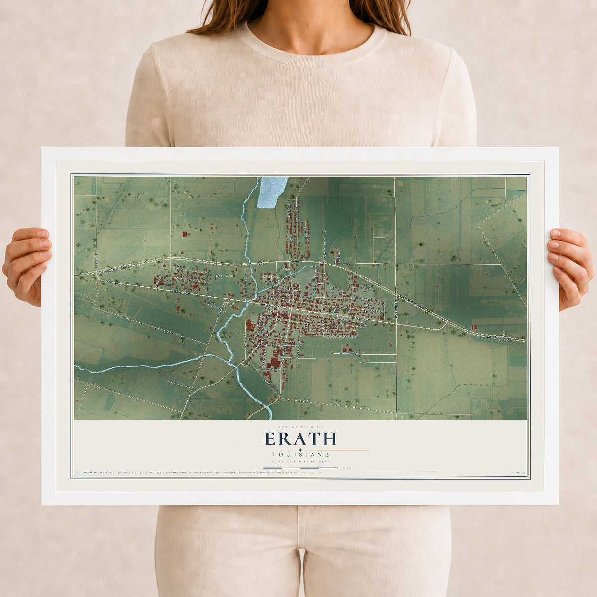 Map of Erath, Louisiana, 12 x 18 inch print in a white wood frame