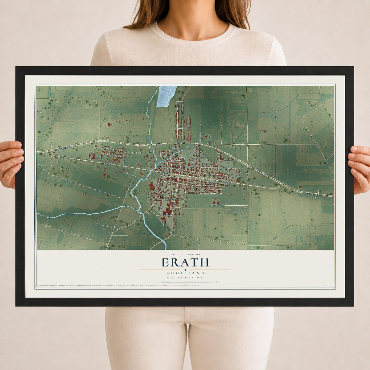 Map of Erath, Louisiana, 18 x 24 inch print in a black wood frame