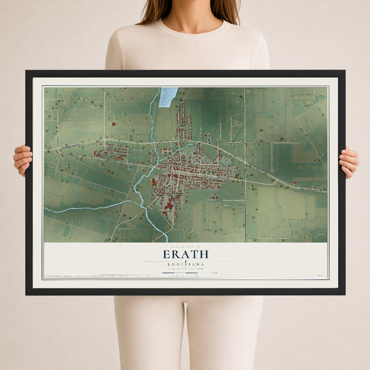 Map of Erath, Louisiana, 24 x 36 inch print in a black wood frame