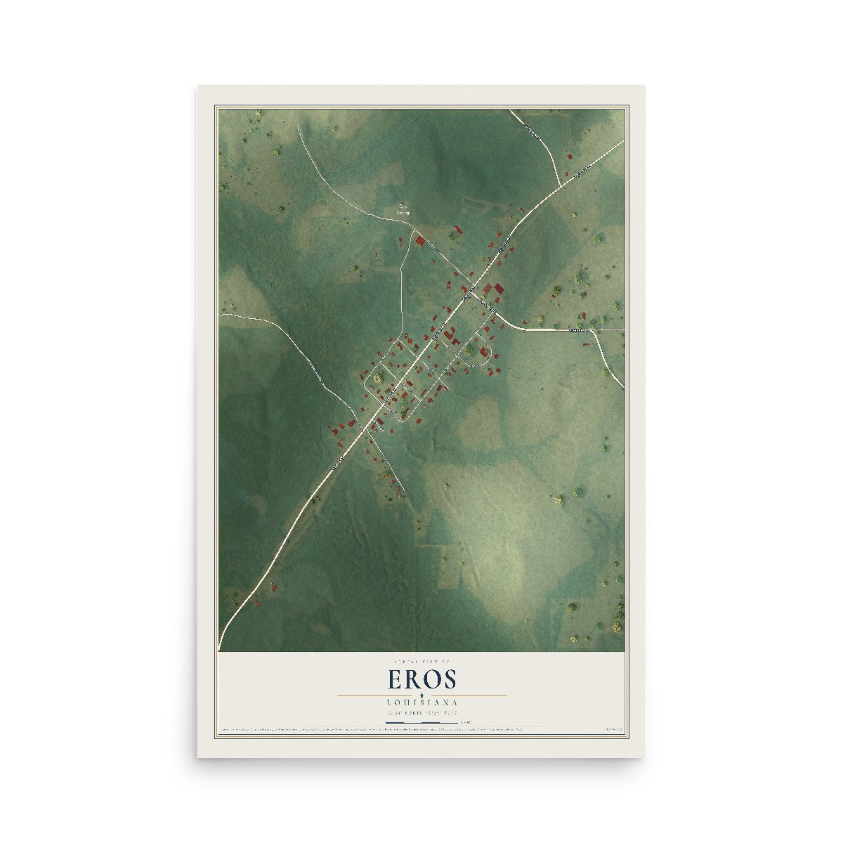 Map of Eros, Louisiana, 12 x 18 inch unframed archival matte print