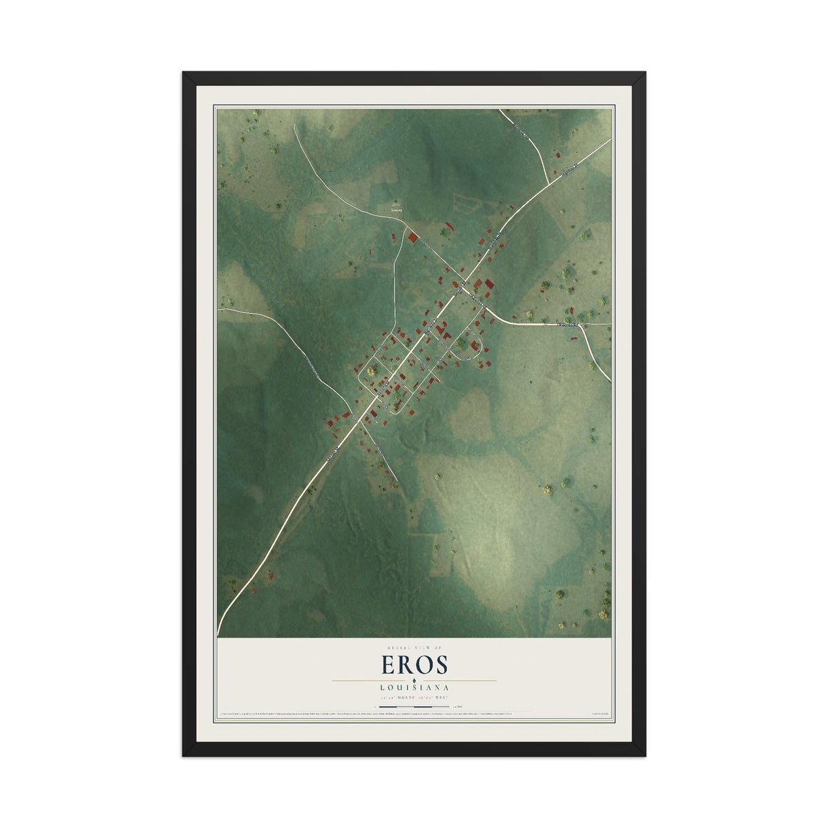Map of Eros, Louisiana, 12 x 18 inch print in a black wood frame