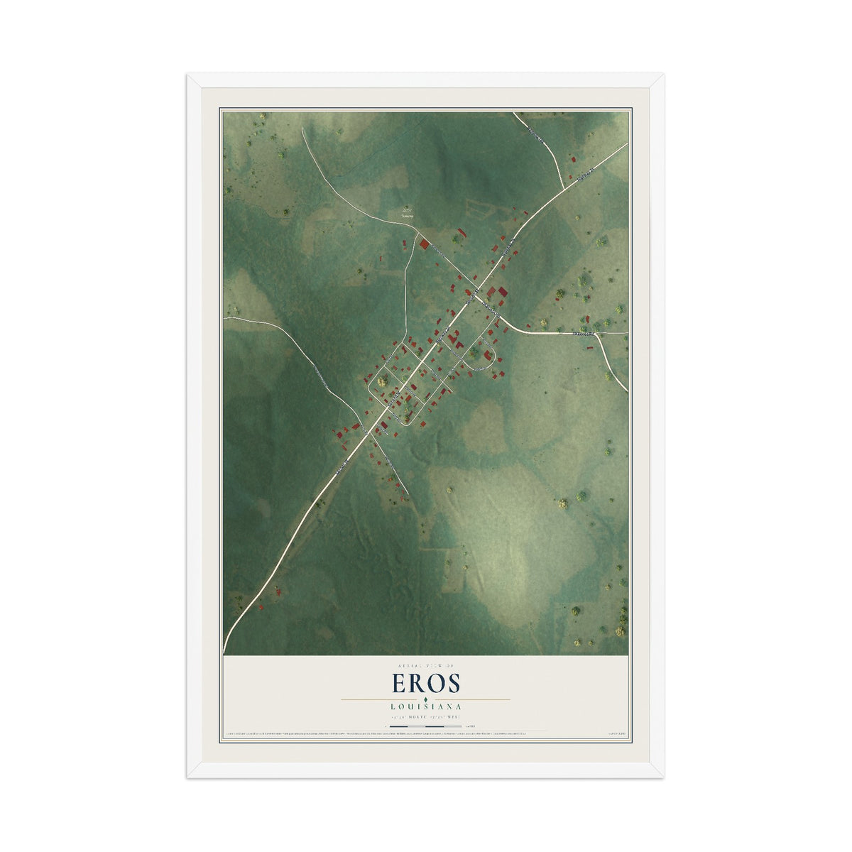 Map of Eros, Louisiana, 12 x 18 inch print in a white wood frame