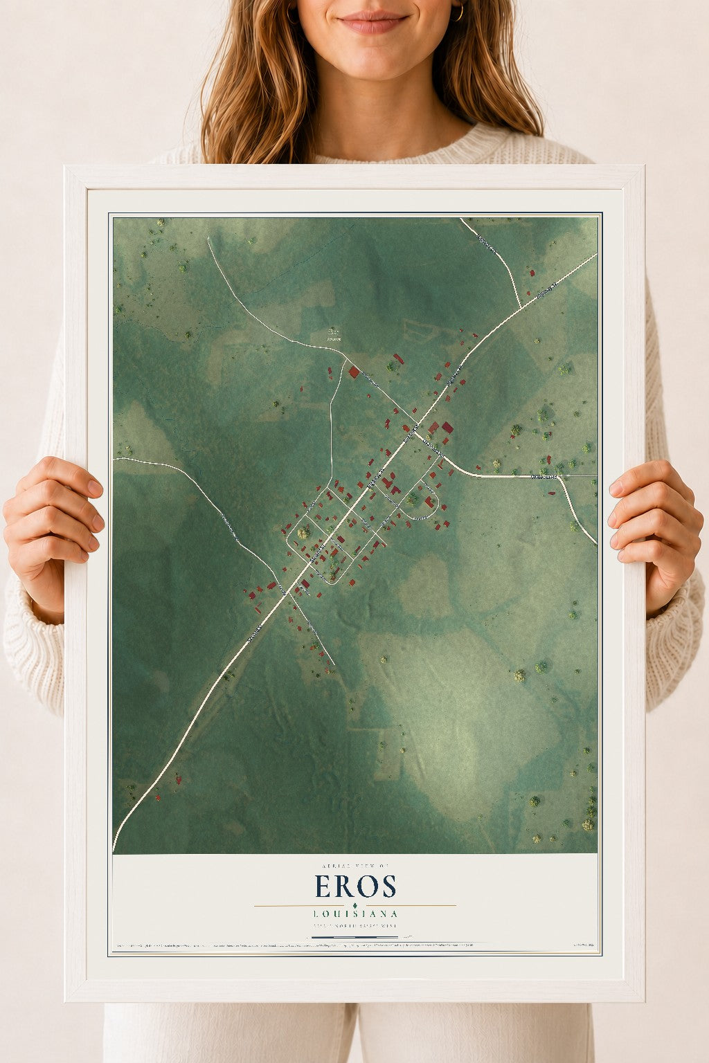 Map of Eros, Louisiana, 18 x 24 inch print in a white wood frame