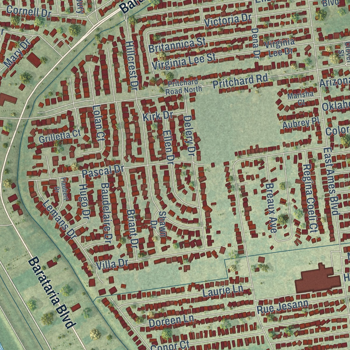 Close-up of the map of Estelle, Louisiana print showing street and building detail
