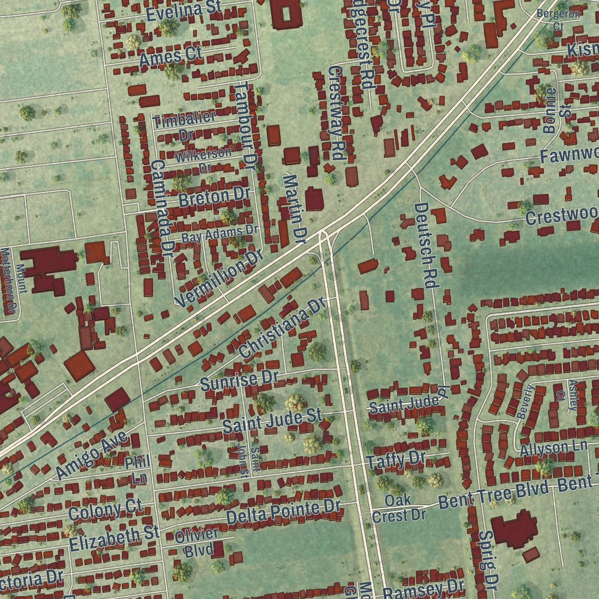 Second close-up of the map of Estelle, Louisiana print showing more streets and buildings