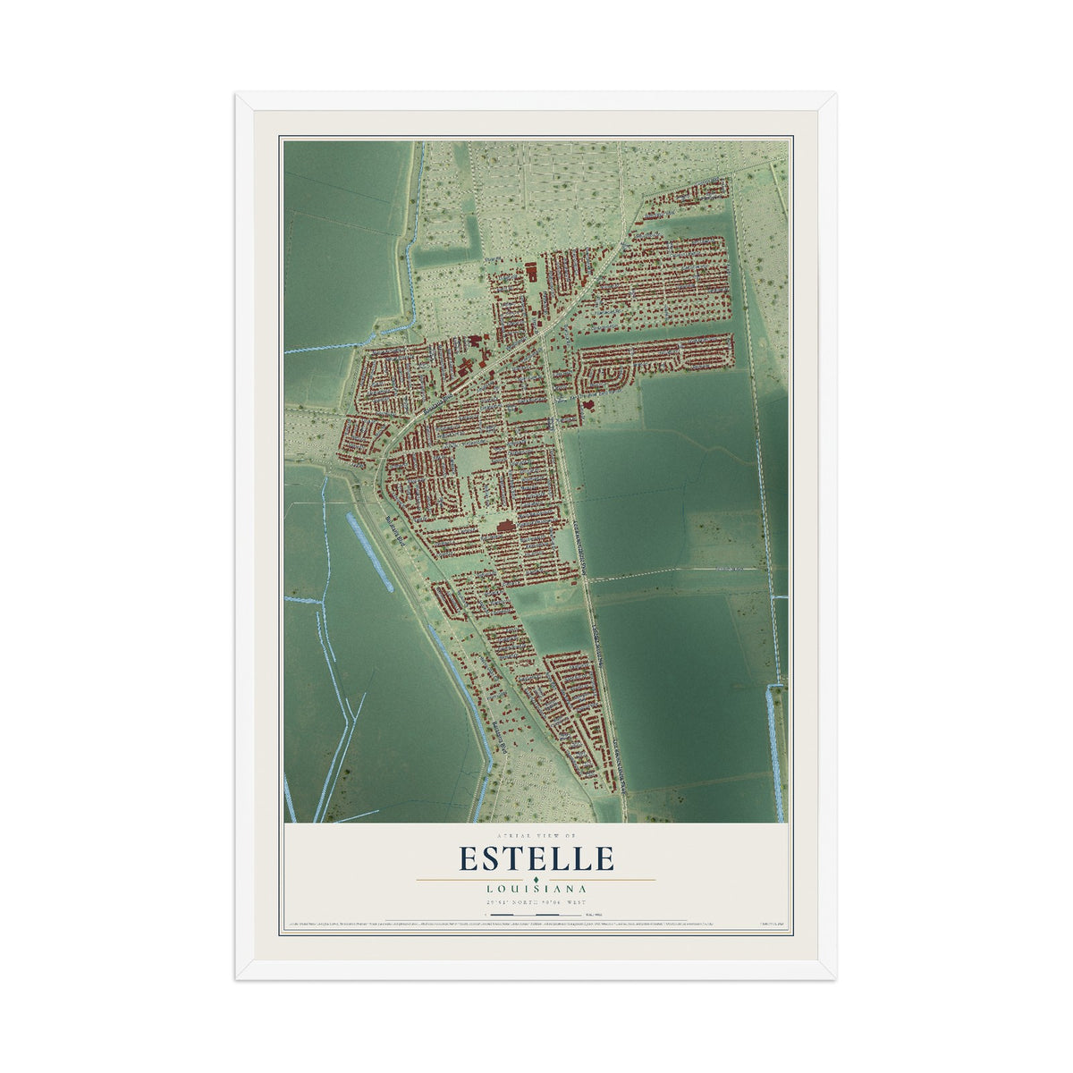 Map of Estelle, Louisiana, 12 x 18 inch print in a white wood frame