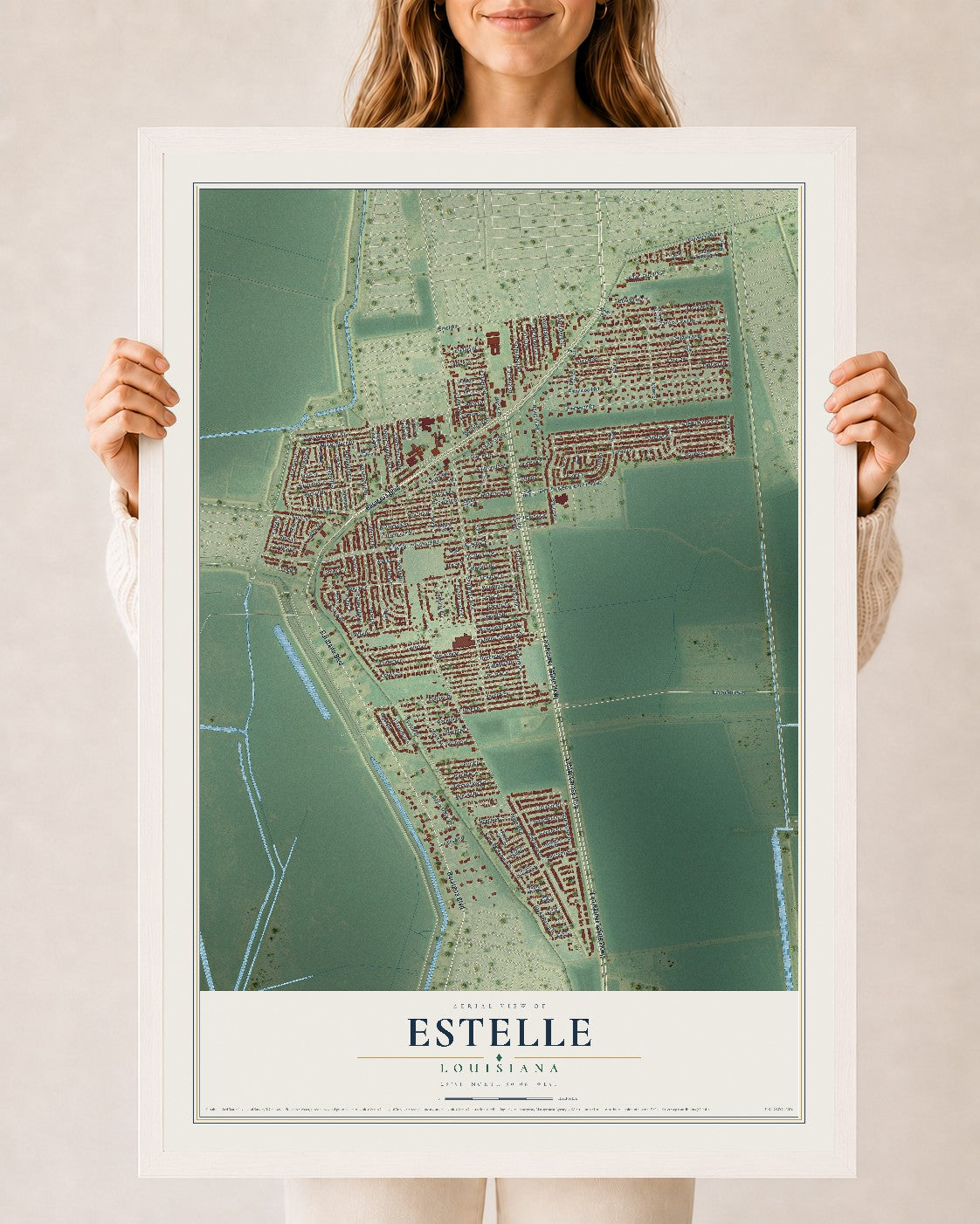 Map of Estelle, Louisiana, 24 x 36 inch print in a white wood frame
