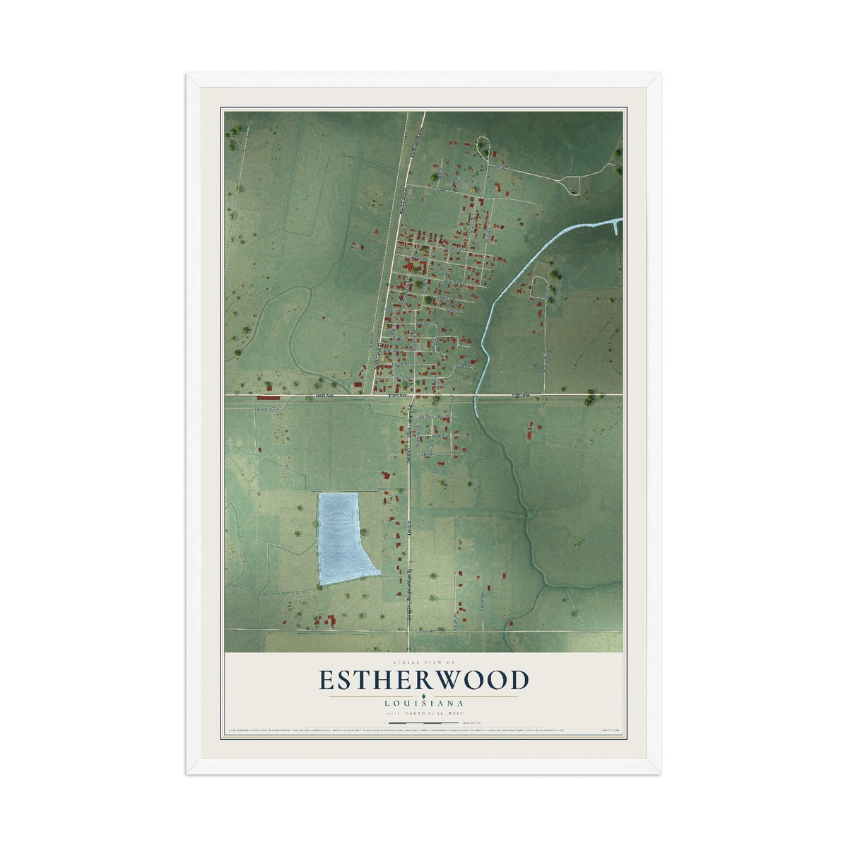 Map of Estherwood, Louisiana, 12 x 18 inch print in a white wood frame