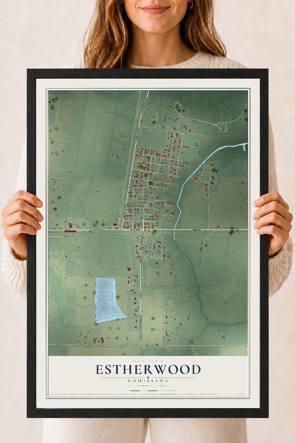 Map of Estherwood, Louisiana, 18 x 24 inch print in a black wood frame