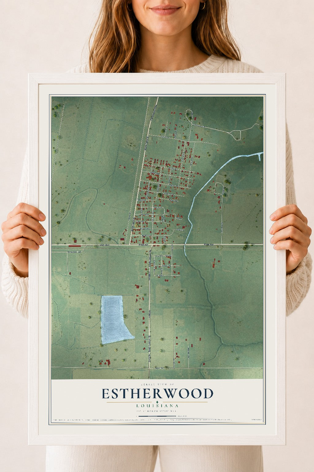 Map of Estherwood, Louisiana, 18 x 24 inch print in a white wood frame