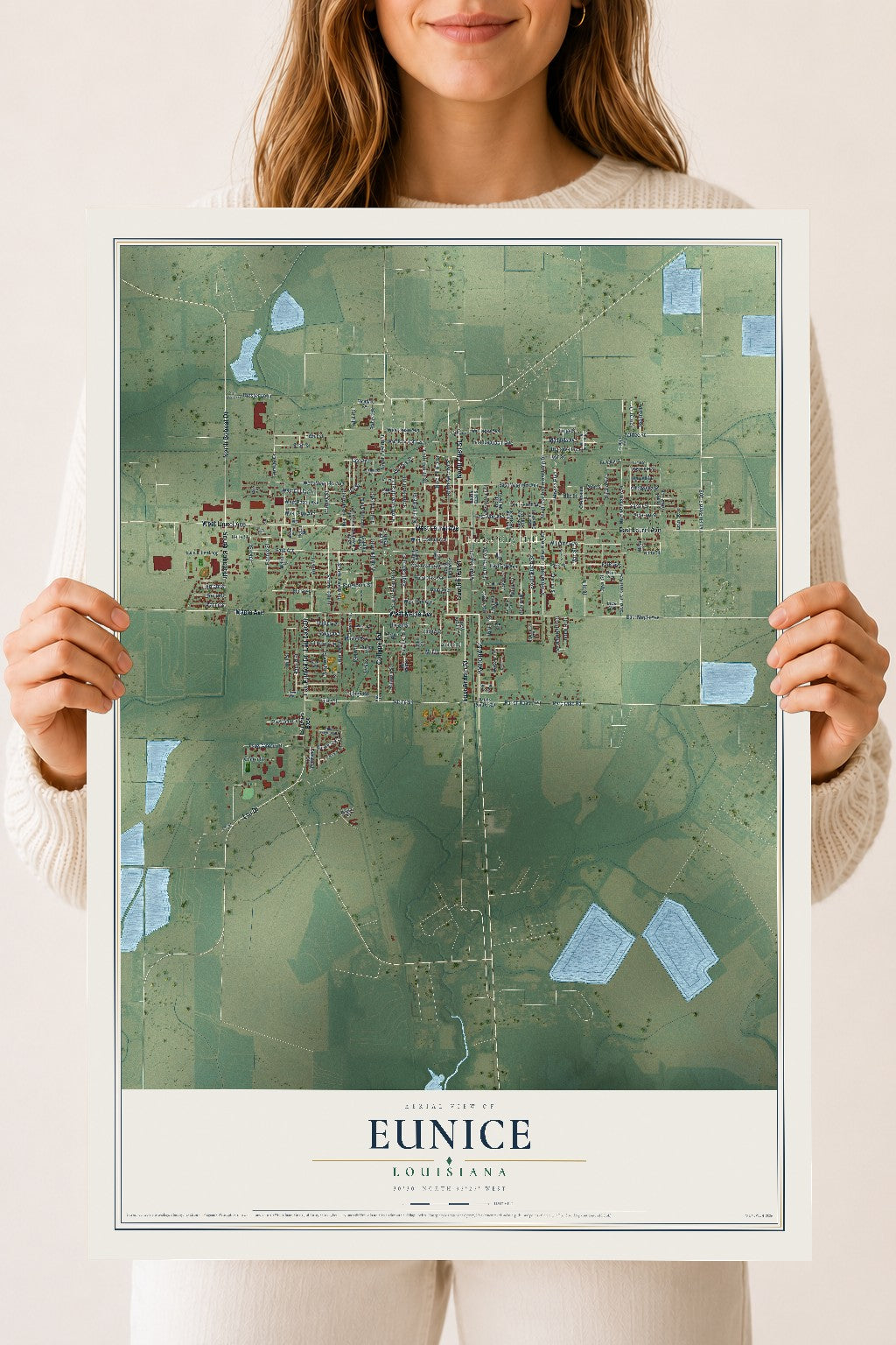 Map of Eunice, Louisiana, 18 x 24 inch unframed archival matte print