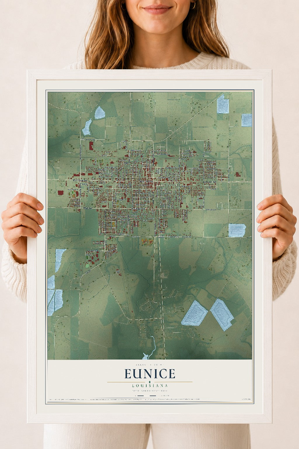 Map of Eunice, Louisiana, 18 x 24 inch print in a white wood frame