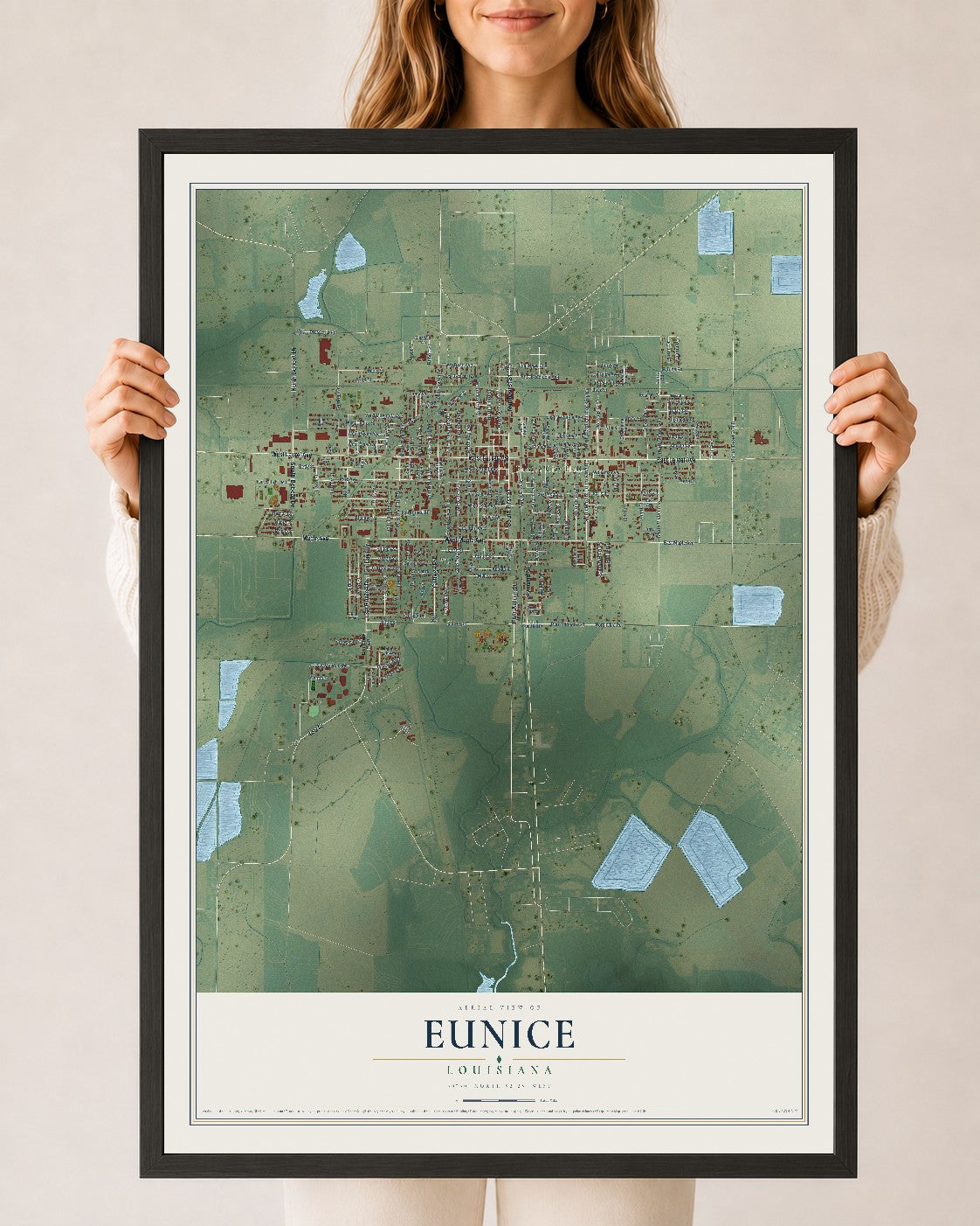 Map of Eunice, Louisiana, 24 x 36 inch print in a black wood frame
