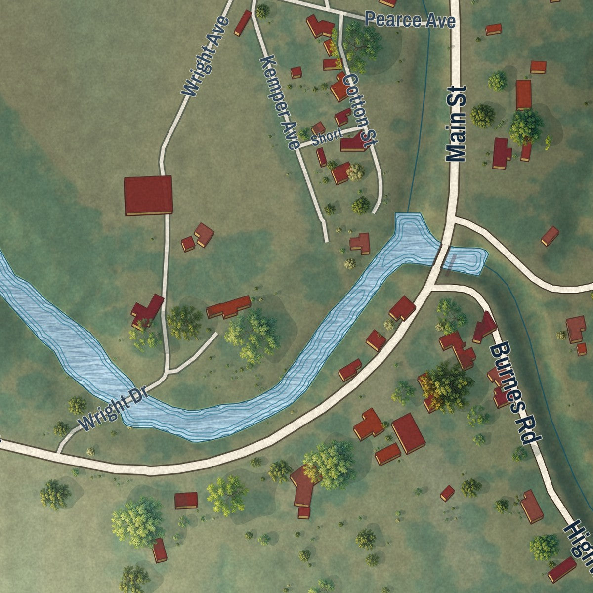 Close-up of the map of Evergreen, Louisiana print showing street and building detail