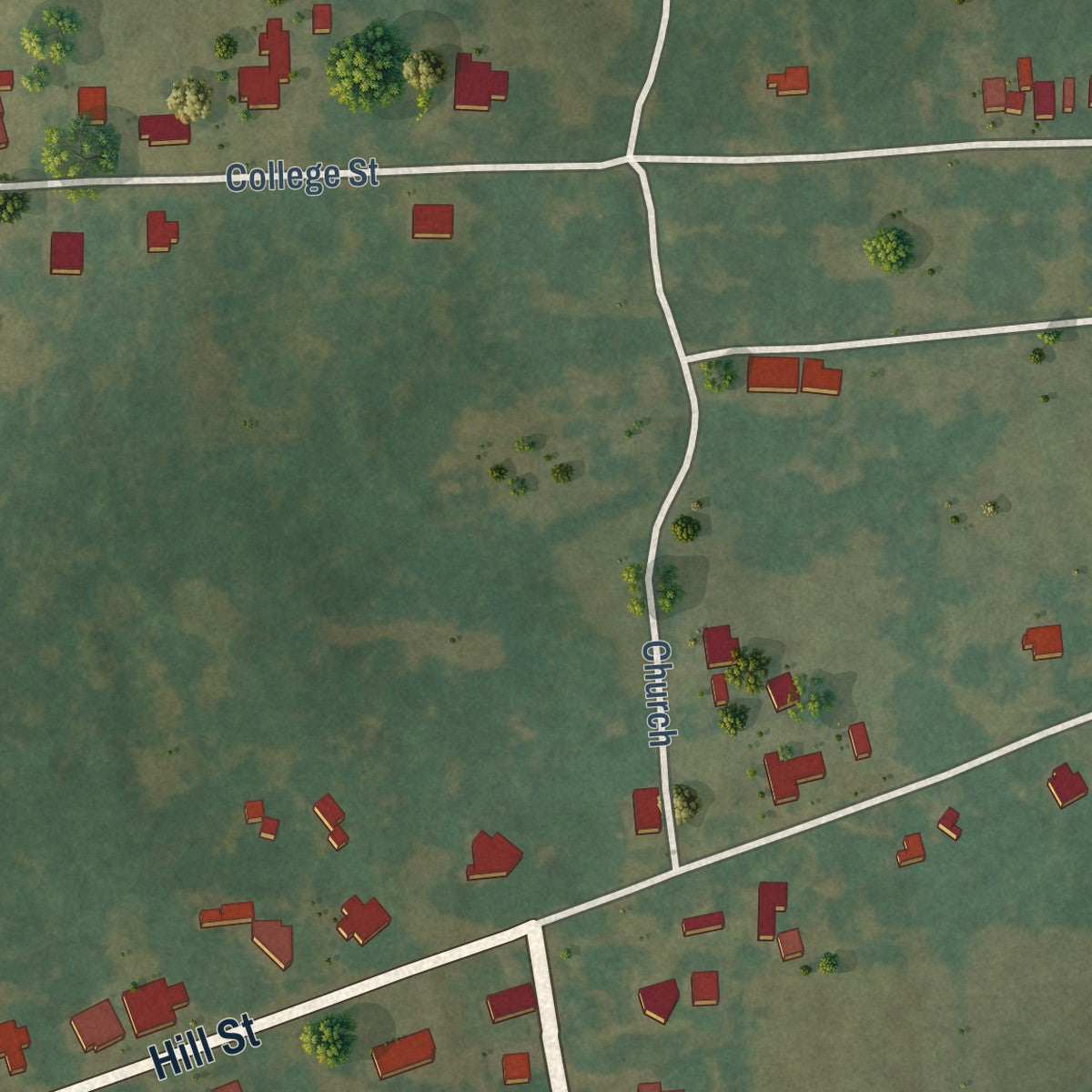 Second close-up of the map of Evergreen, Louisiana print showing more streets and buildings