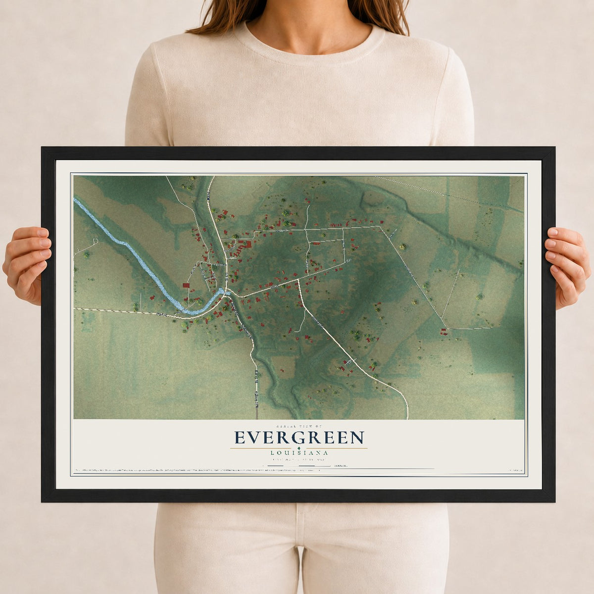 Map of Evergreen, Louisiana, 12 x 18 inch print in a black wood frame