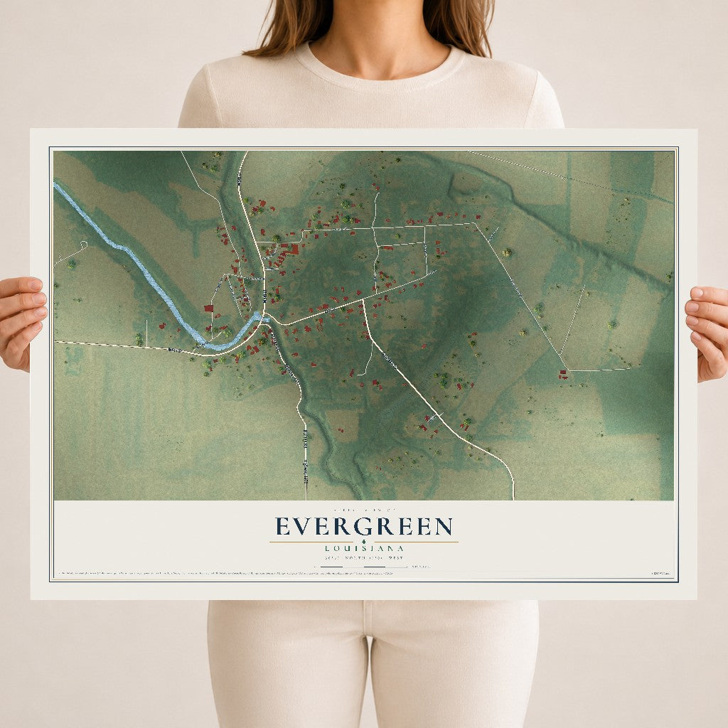 Map of Evergreen, Louisiana, 18 x 24 inch unframed archival matte print
