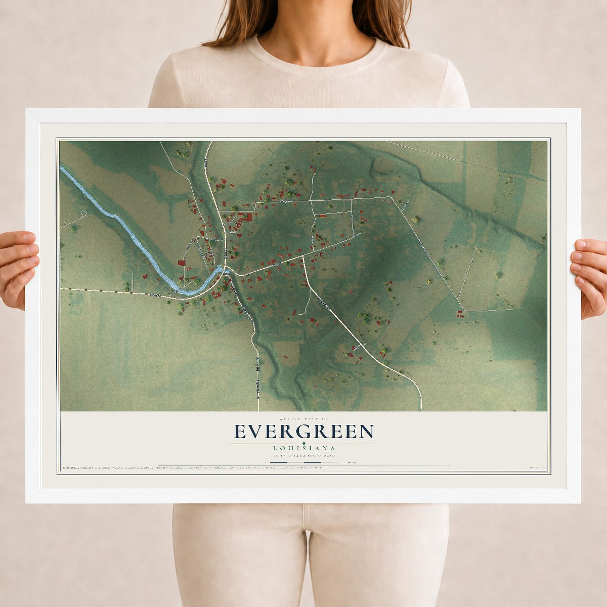 Map of Evergreen, Louisiana, 18 x 24 inch print in a white wood frame