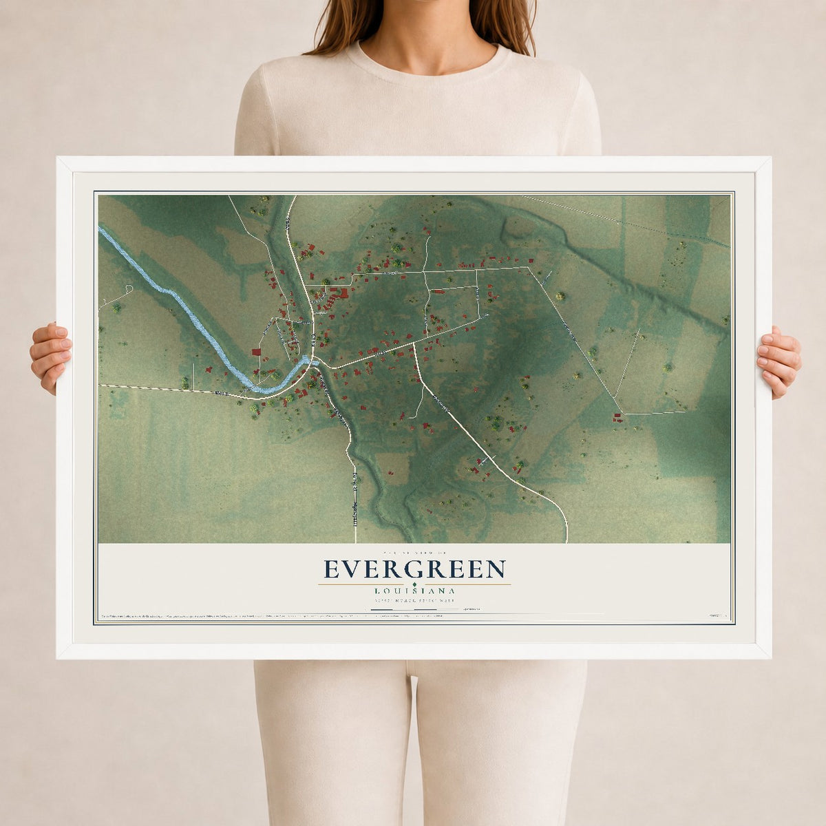 Map of Evergreen, Louisiana, 24 x 36 inch print in a white wood frame