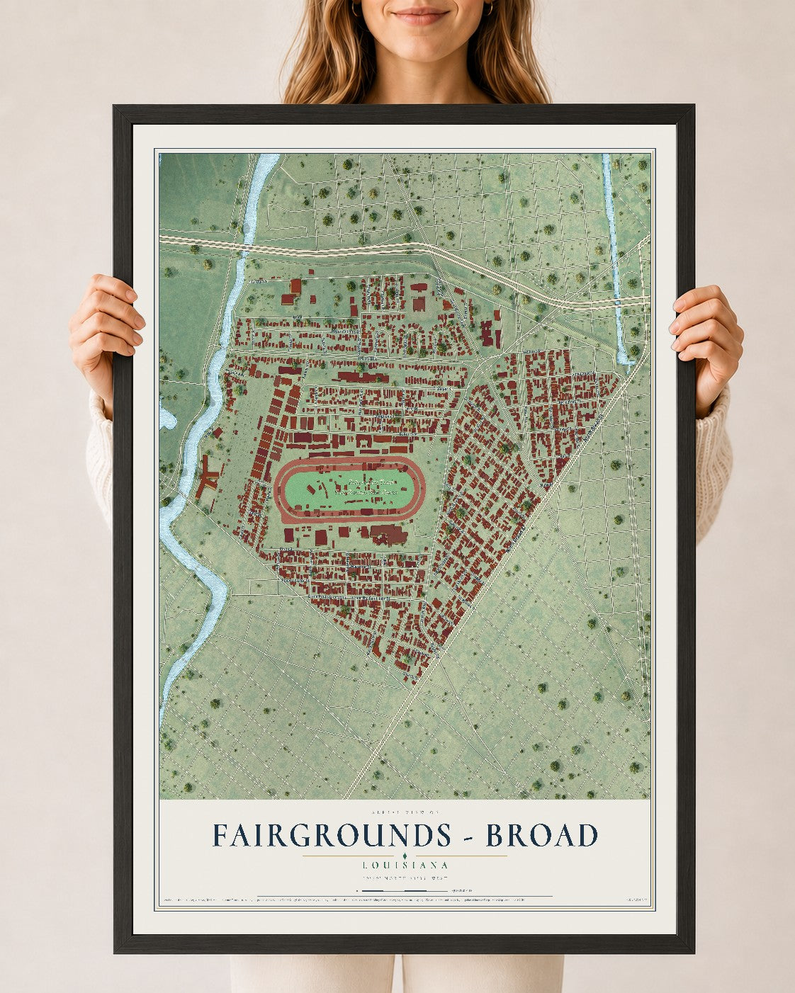 Map of Fairgrounds - Broad, Louisiana, 24 x 36 inch print in a black wood frame