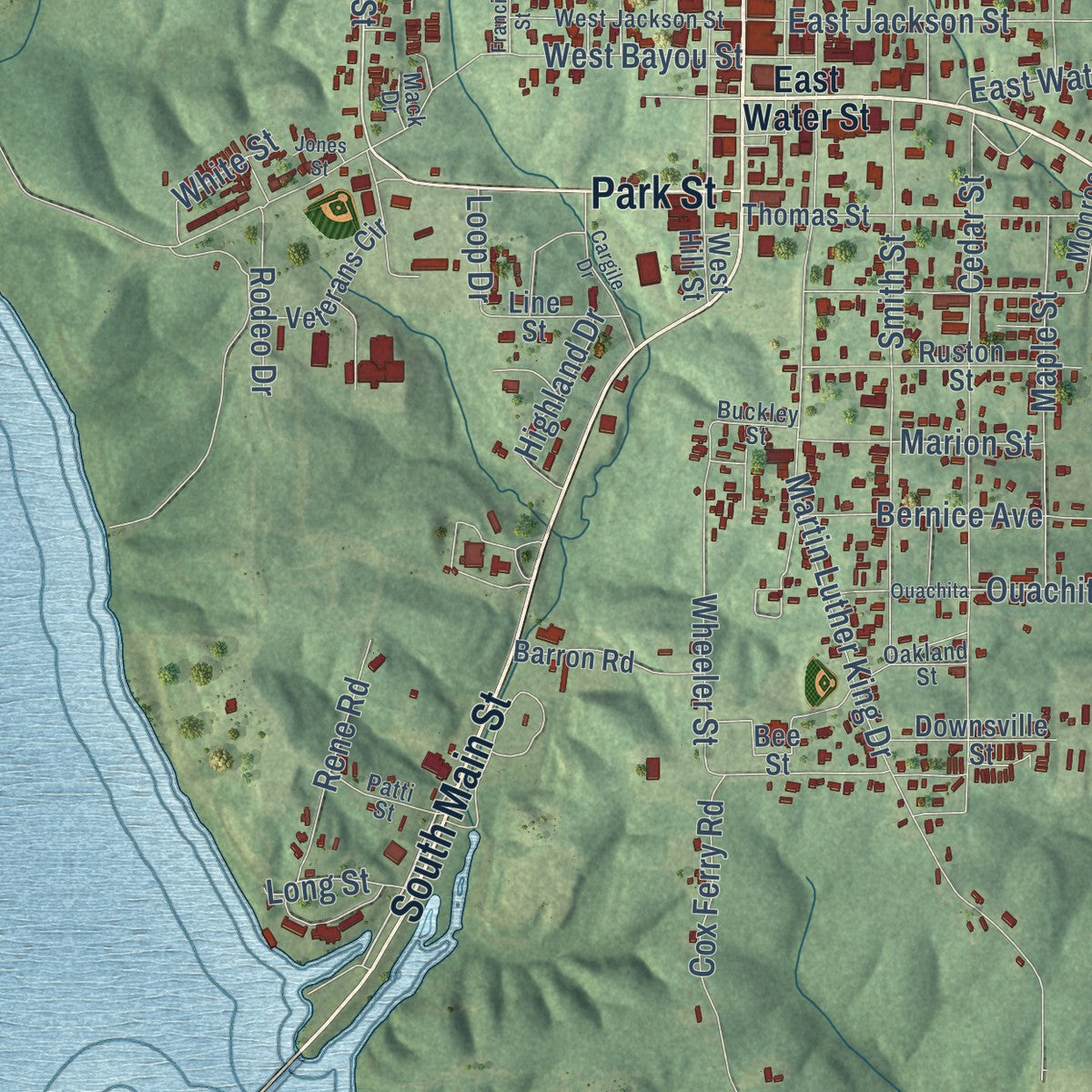 Close-up of the map of Farmerville, Louisiana print showing street and building detail