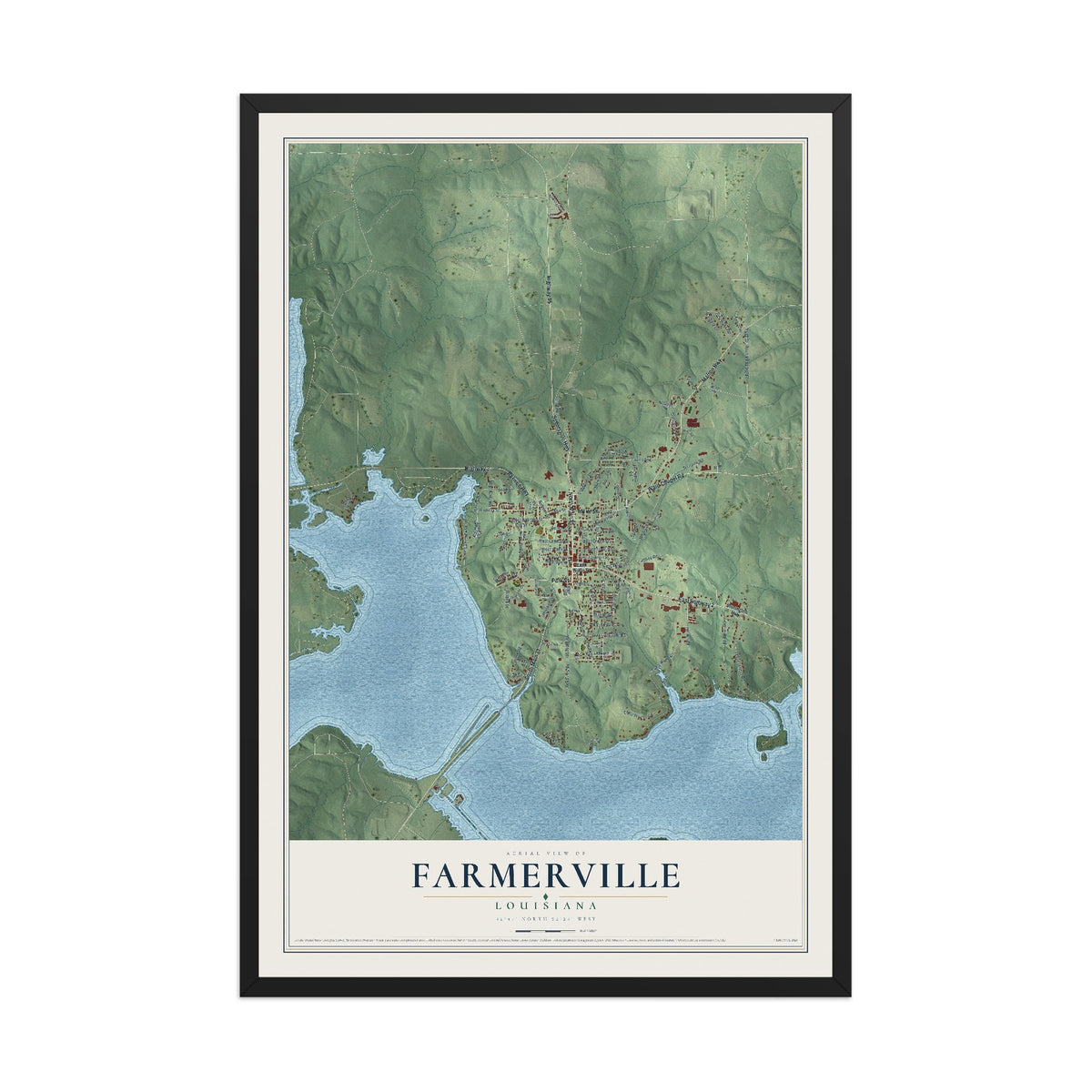 Map of Farmerville, Louisiana, 12 x 18 inch print in a black wood frame