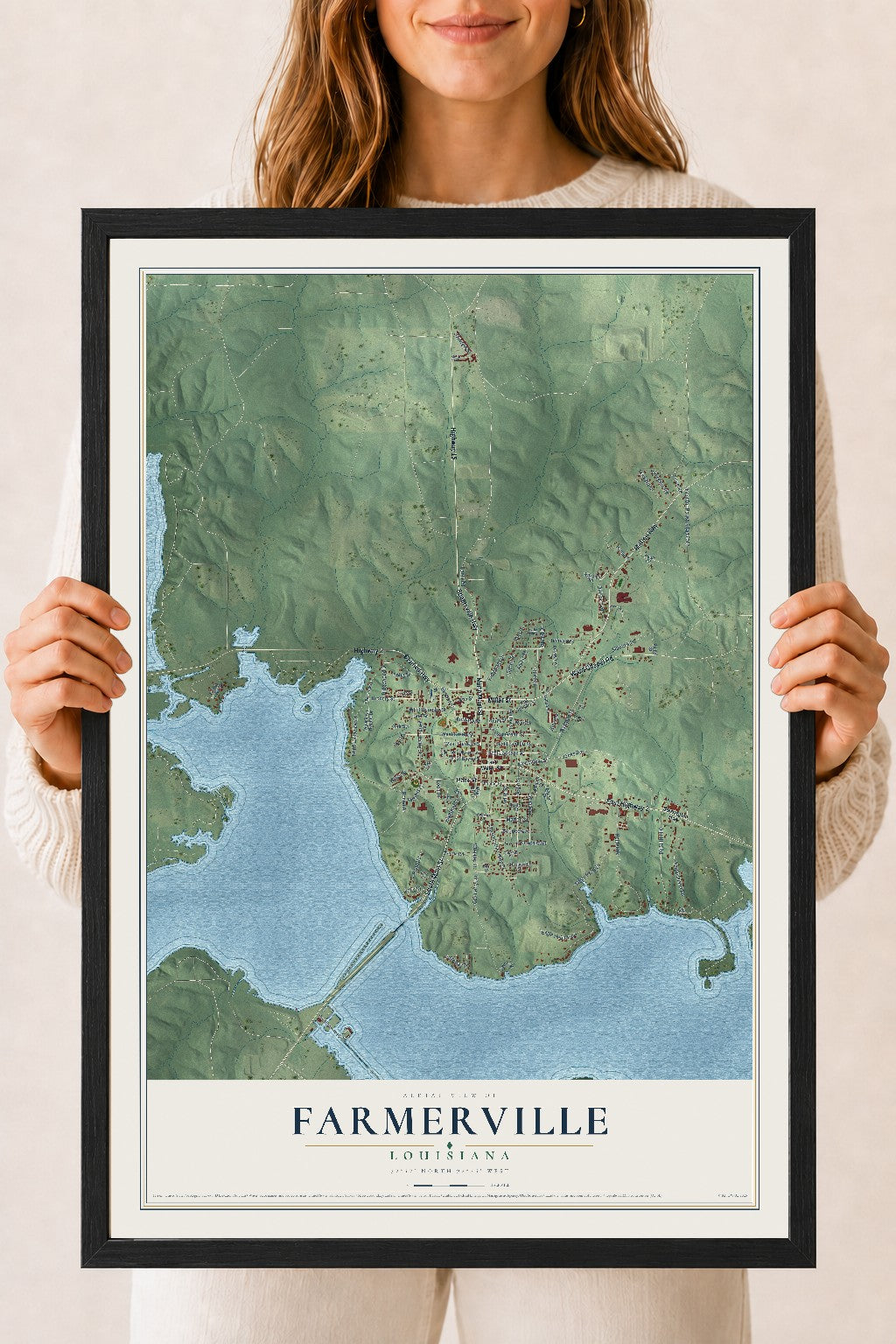 Map of Farmerville, Louisiana, 18 x 24 inch print in a black wood frame