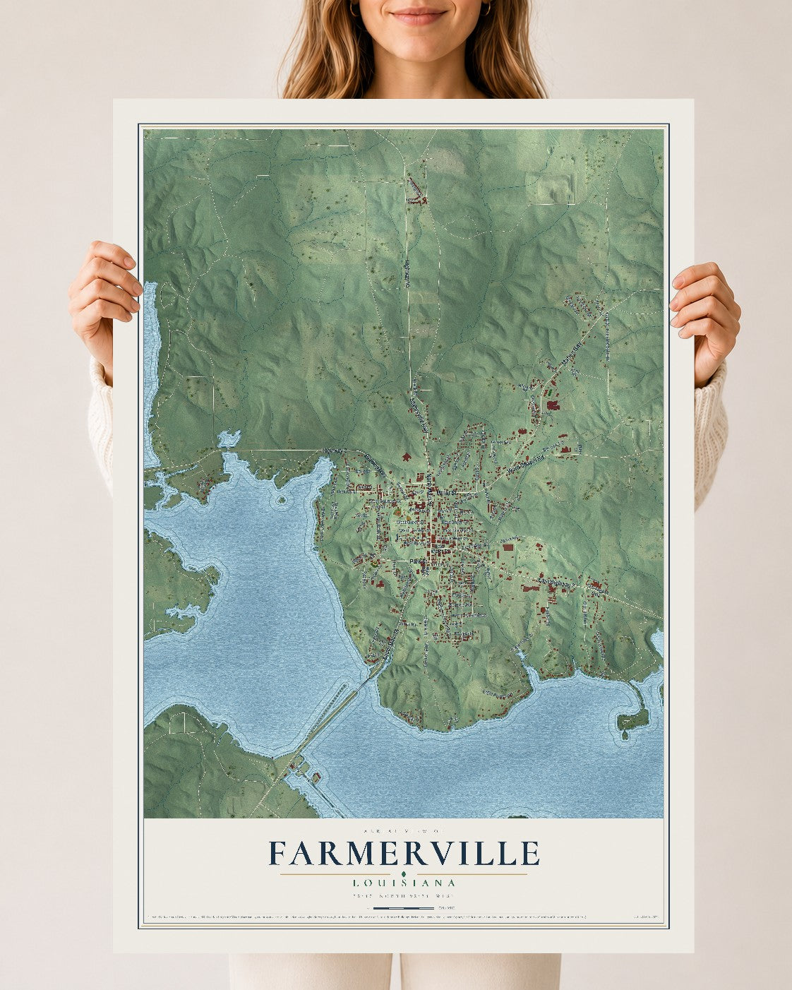 Map of Farmerville, Louisiana, 24 x 36 inch unframed archival matte print