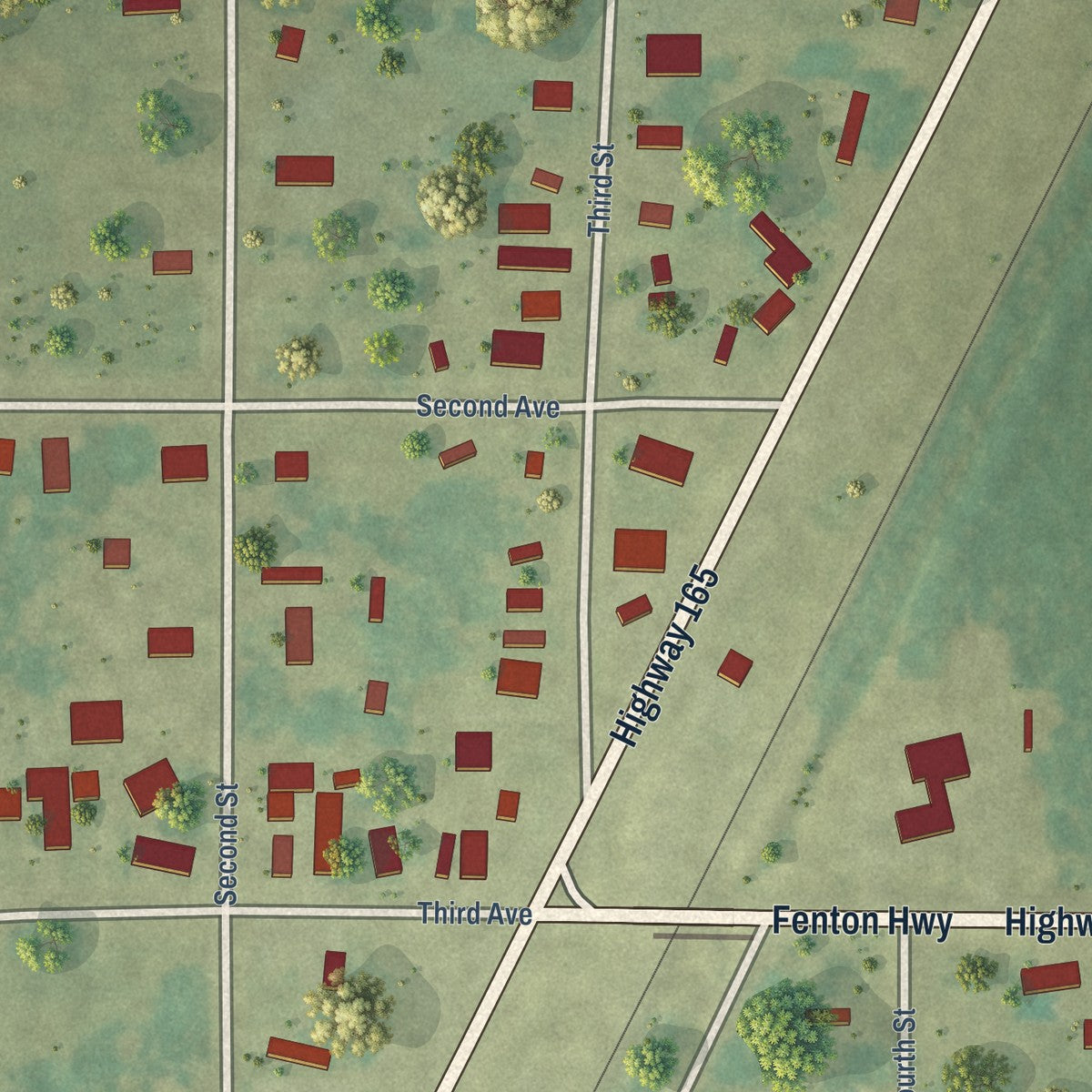 Close-up of the map of Fenton, Louisiana print showing street and building detail