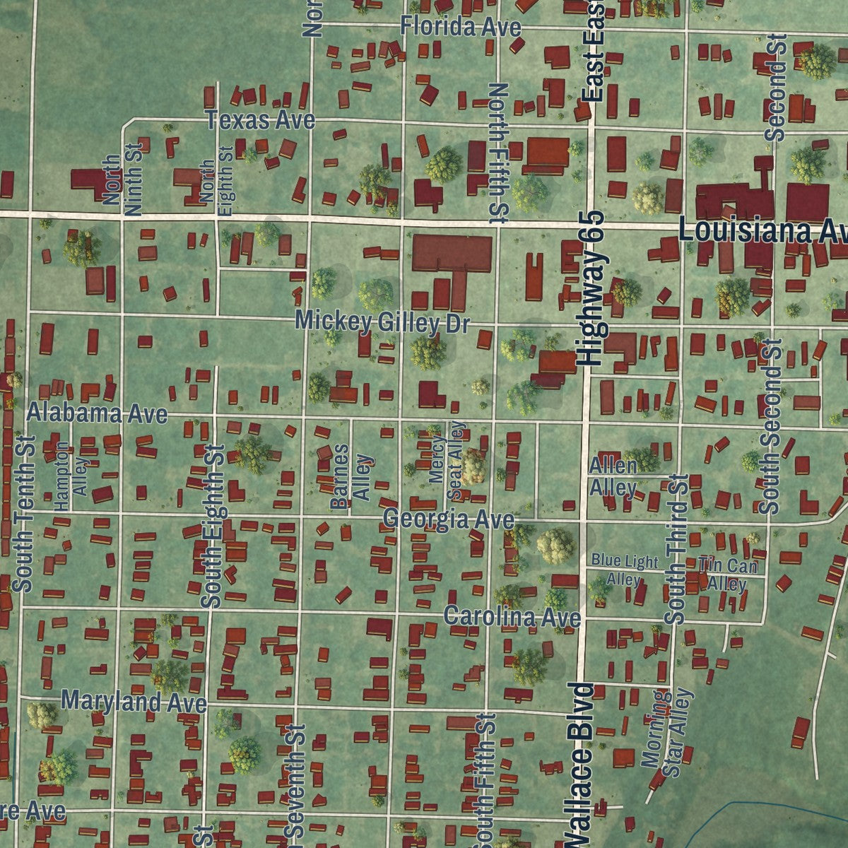 Close-up of the map of Ferriday, Louisiana print showing street and building detail