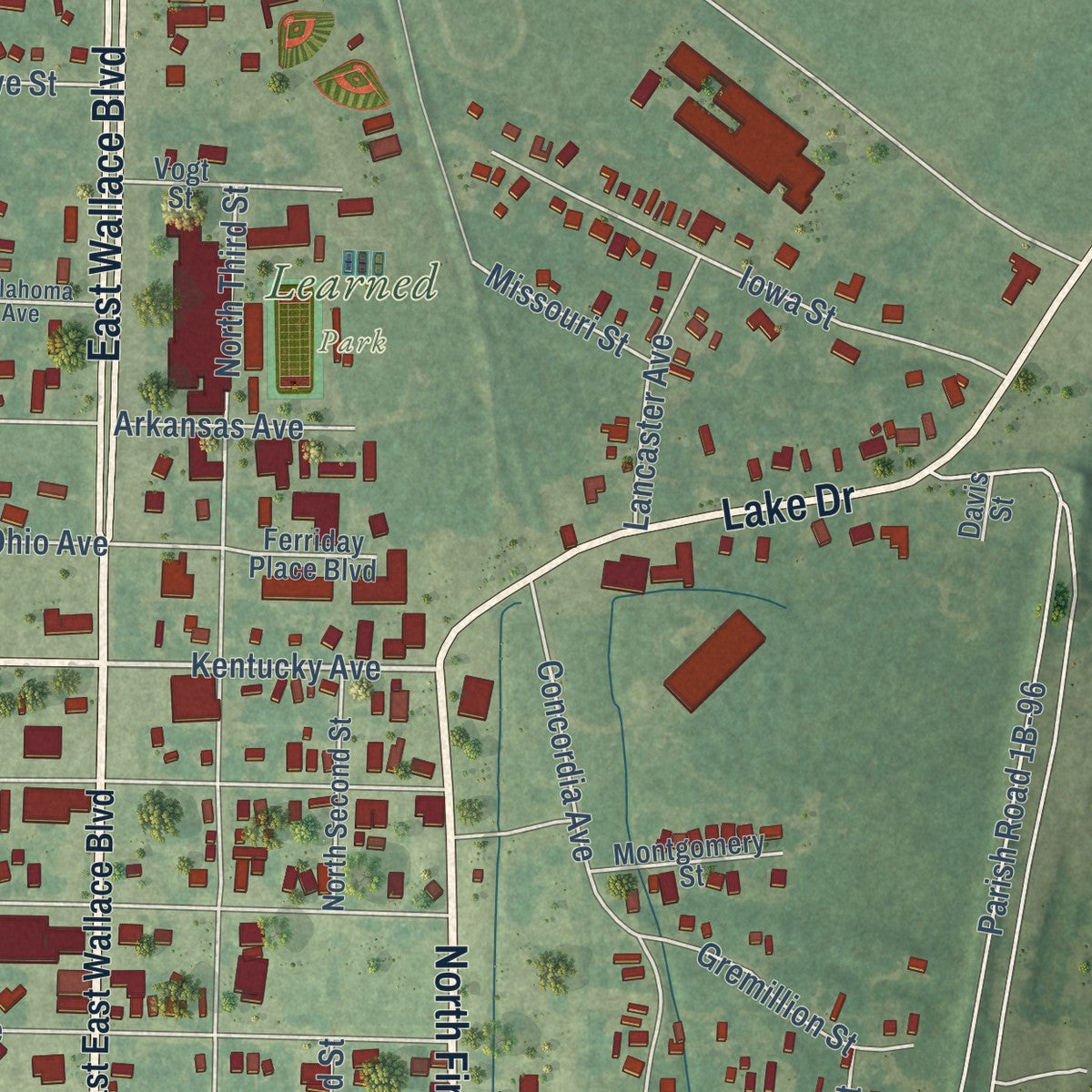 Second close-up of the map of Ferriday, Louisiana print showing more streets and buildings