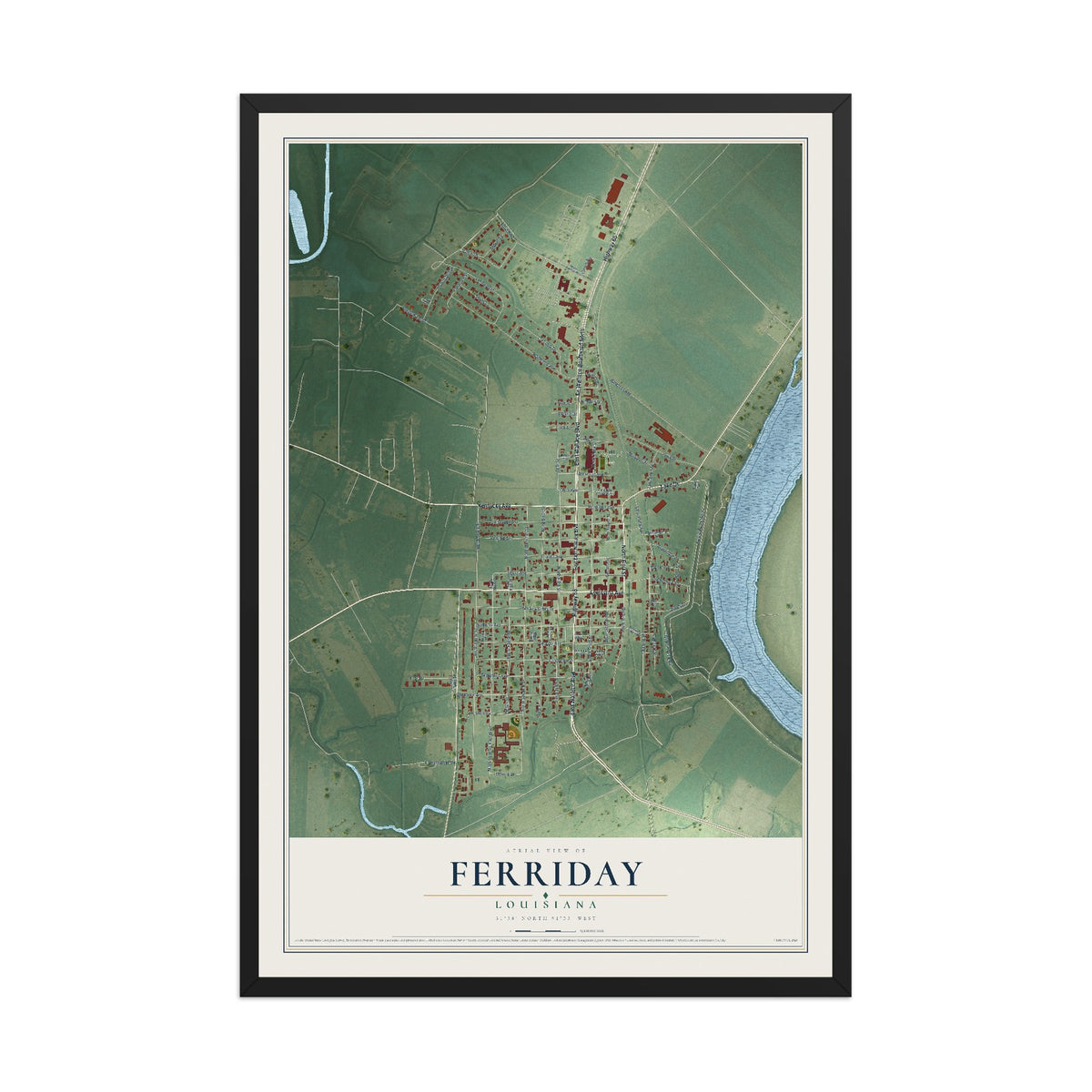 Map of Ferriday, Louisiana, 12 x 18 inch print in a black wood frame