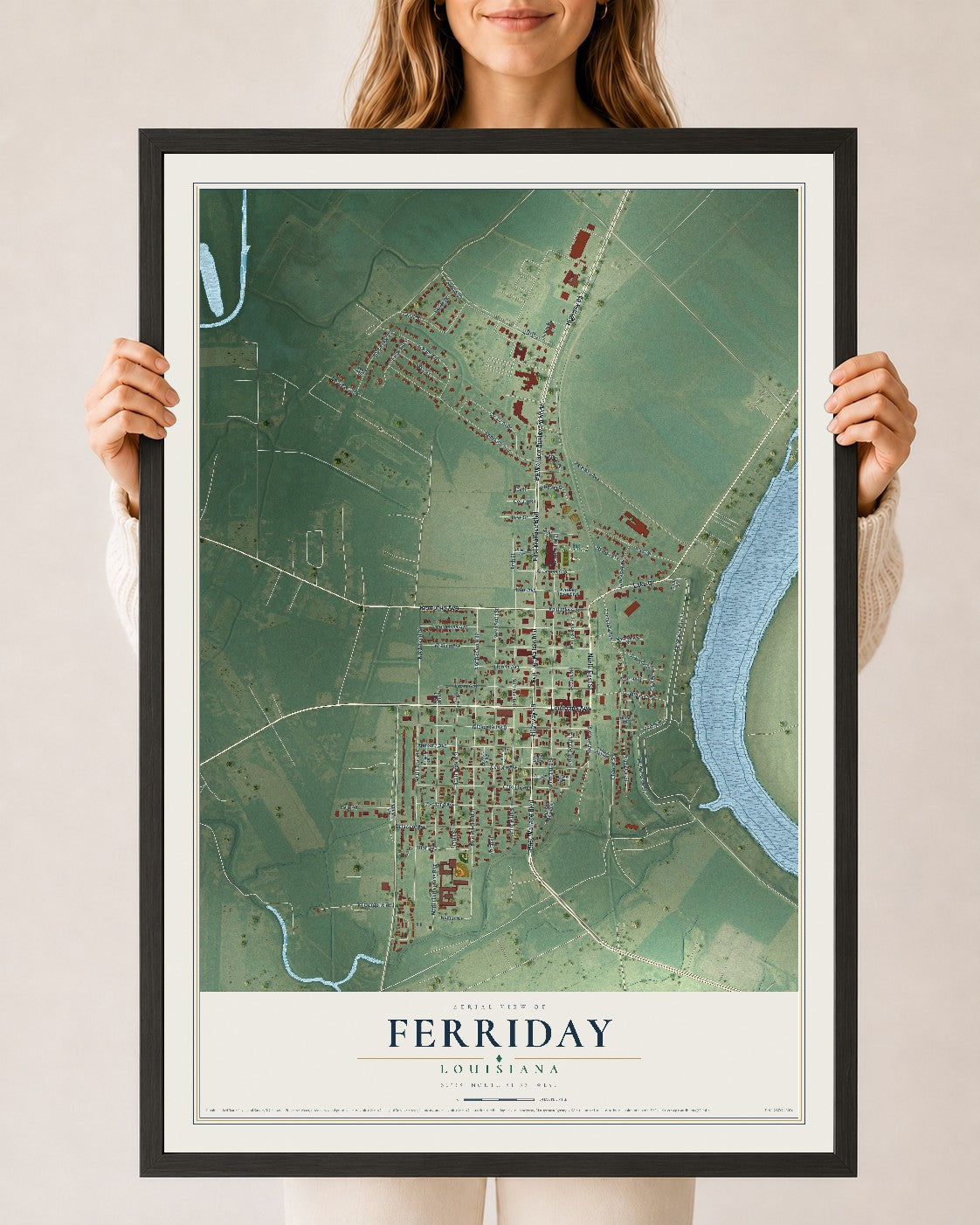 Map of Ferriday, Louisiana, 24 x 36 inch print in a black wood frame