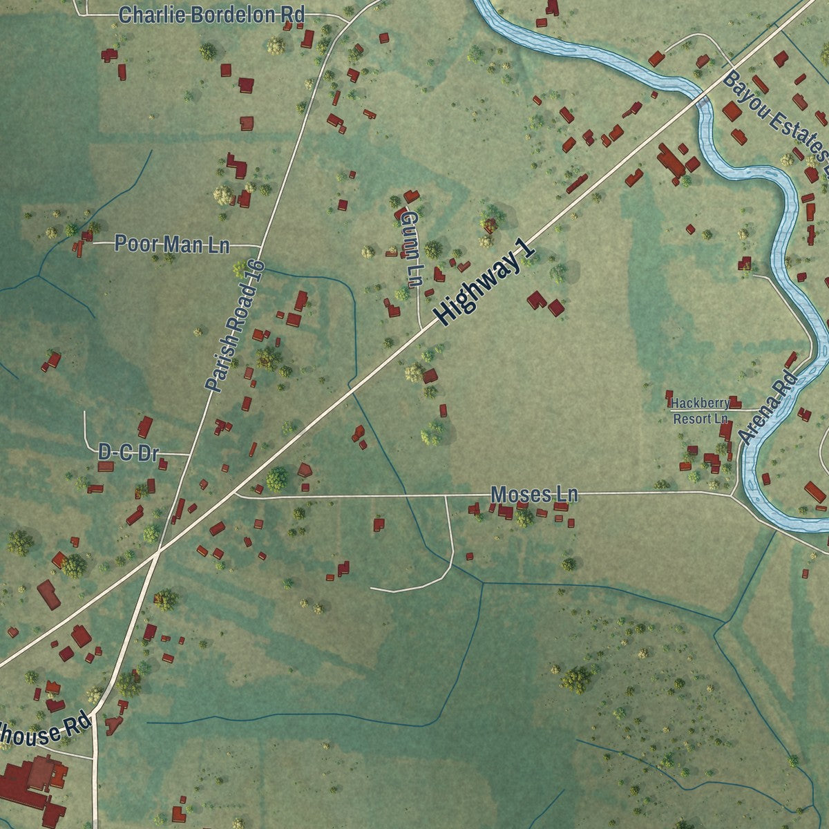 Close-up of the map of Fifth Ward, Louisiana print showing street and building detail