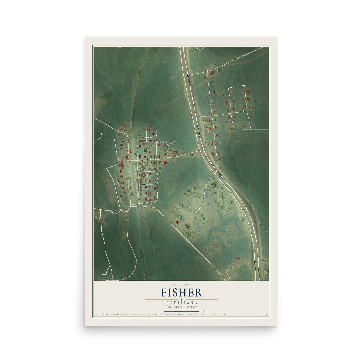 Map of Fisher, Louisiana, 12 x 18 inch unframed archival matte print