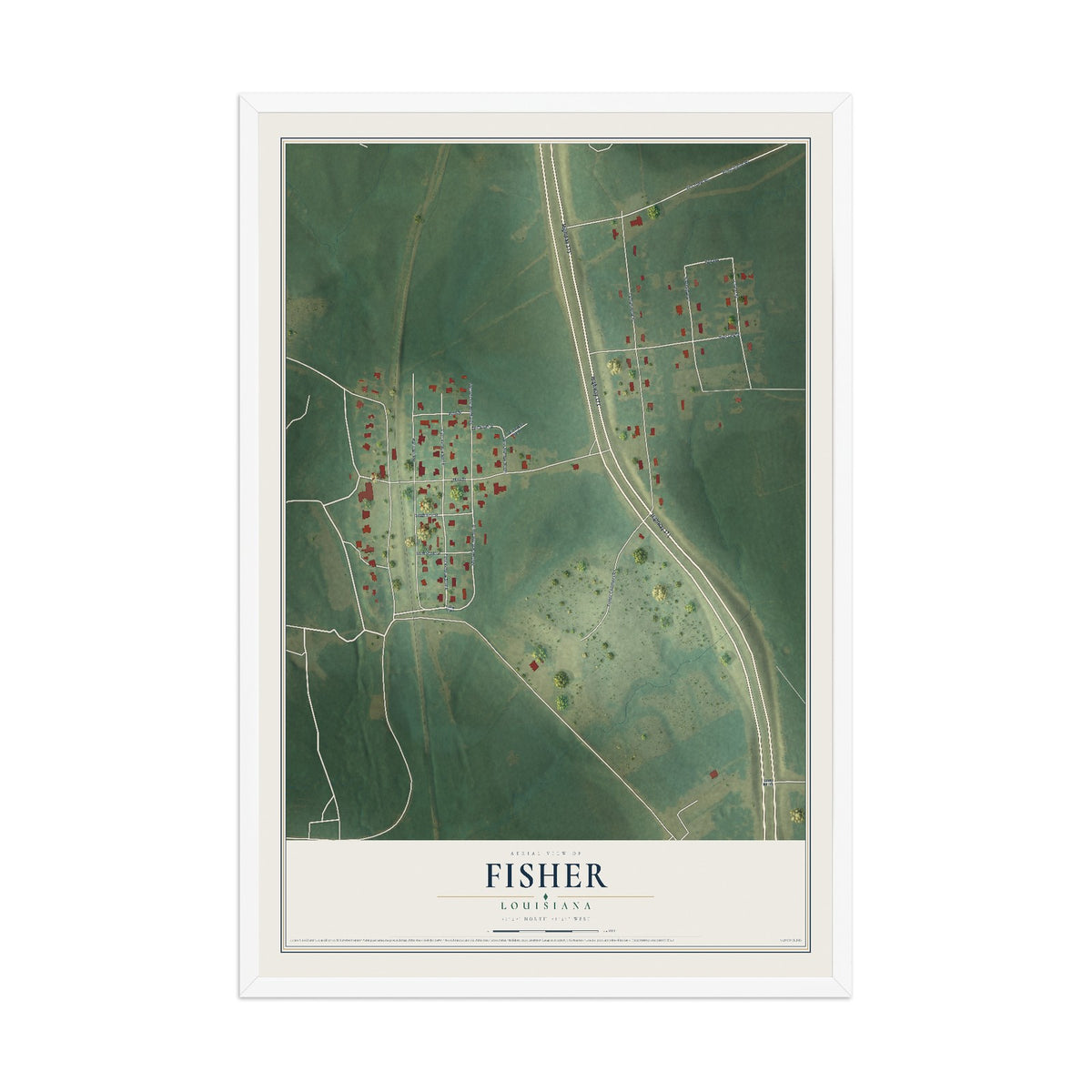 Map of Fisher, Louisiana, 12 x 18 inch print in a white wood frame
