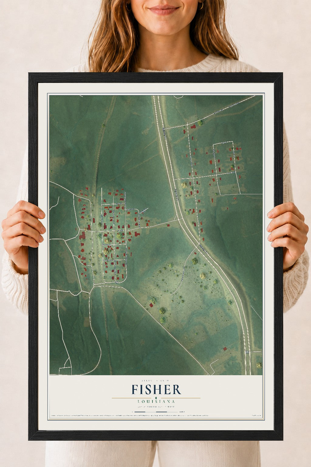 Map of Fisher, Louisiana, 18 x 24 inch print in a black wood frame