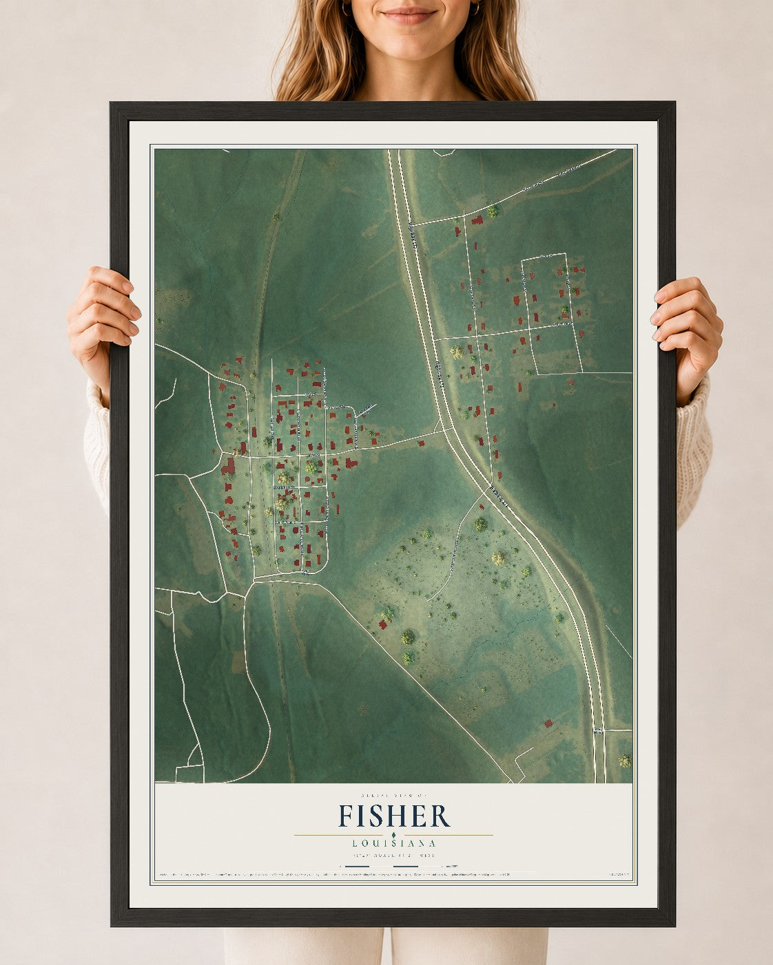 Map of Fisher, Louisiana, 24 x 36 inch print in a black wood frame
