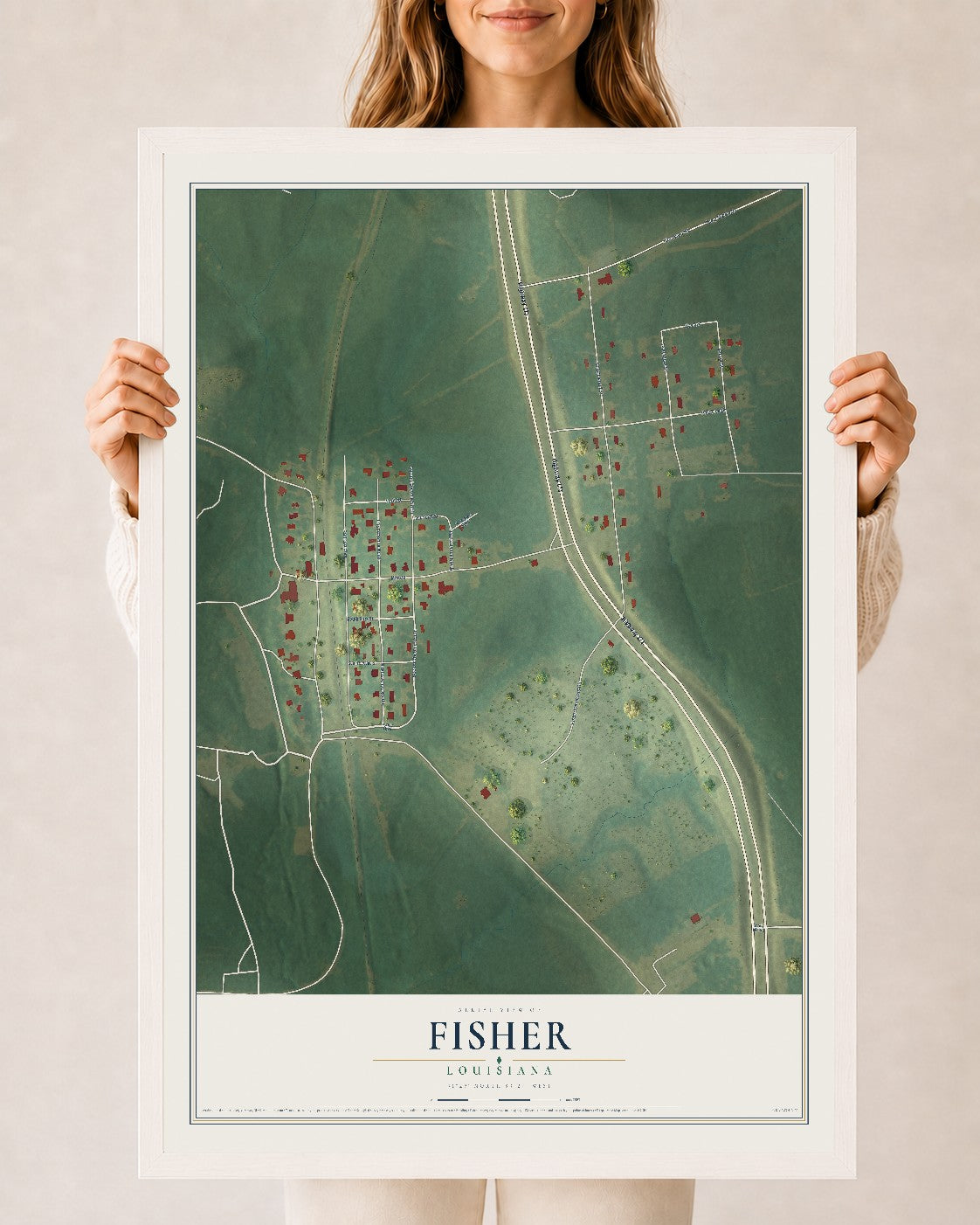Map of Fisher, Louisiana, 24 x 36 inch print in a white wood frame
