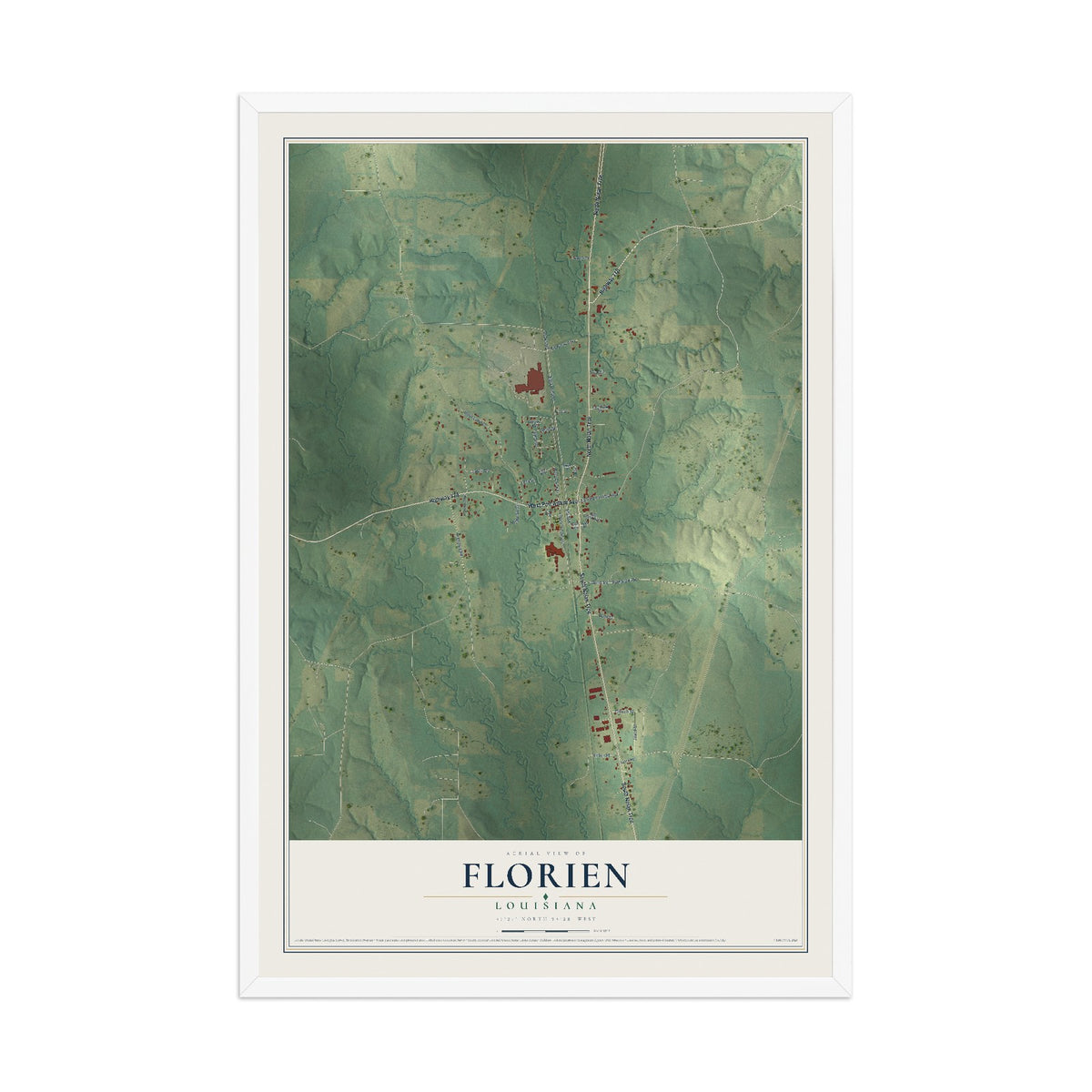 Map of Florien, Louisiana, 12 x 18 inch print in a white wood frame